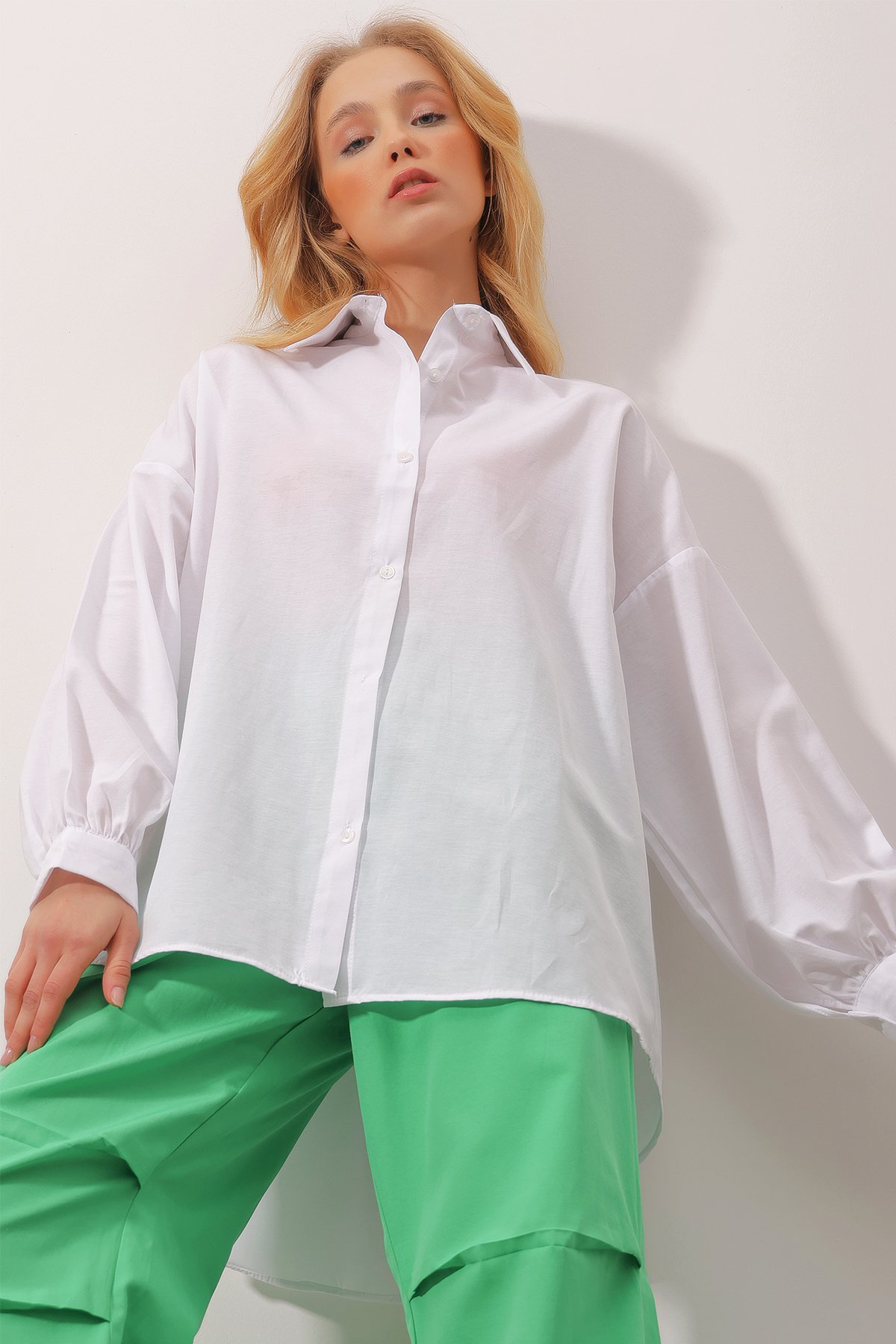 Balon Kol Oversize Poplin Gömlek - Kar Beyaz