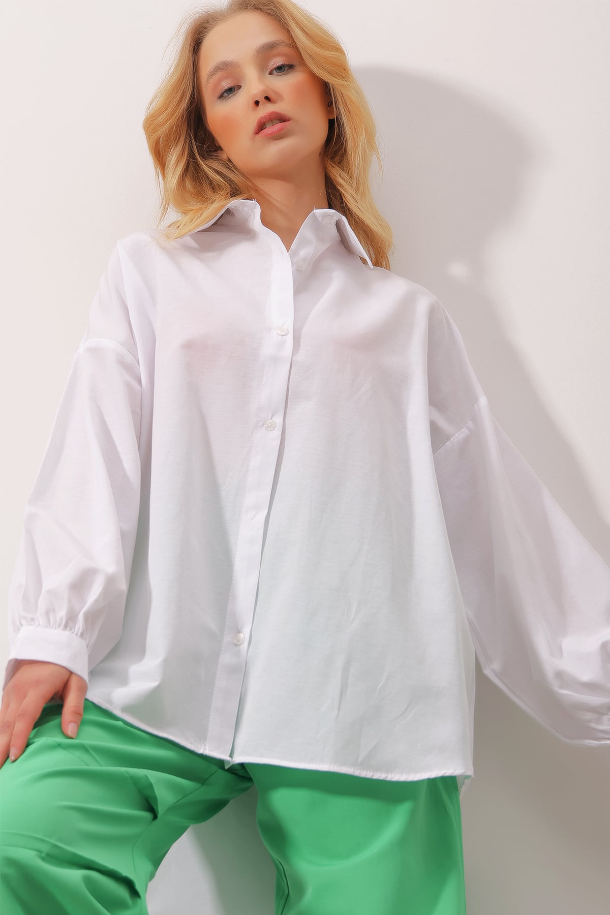 Balon Kol Oversize Poplin Gömlek - Kar Beyaz