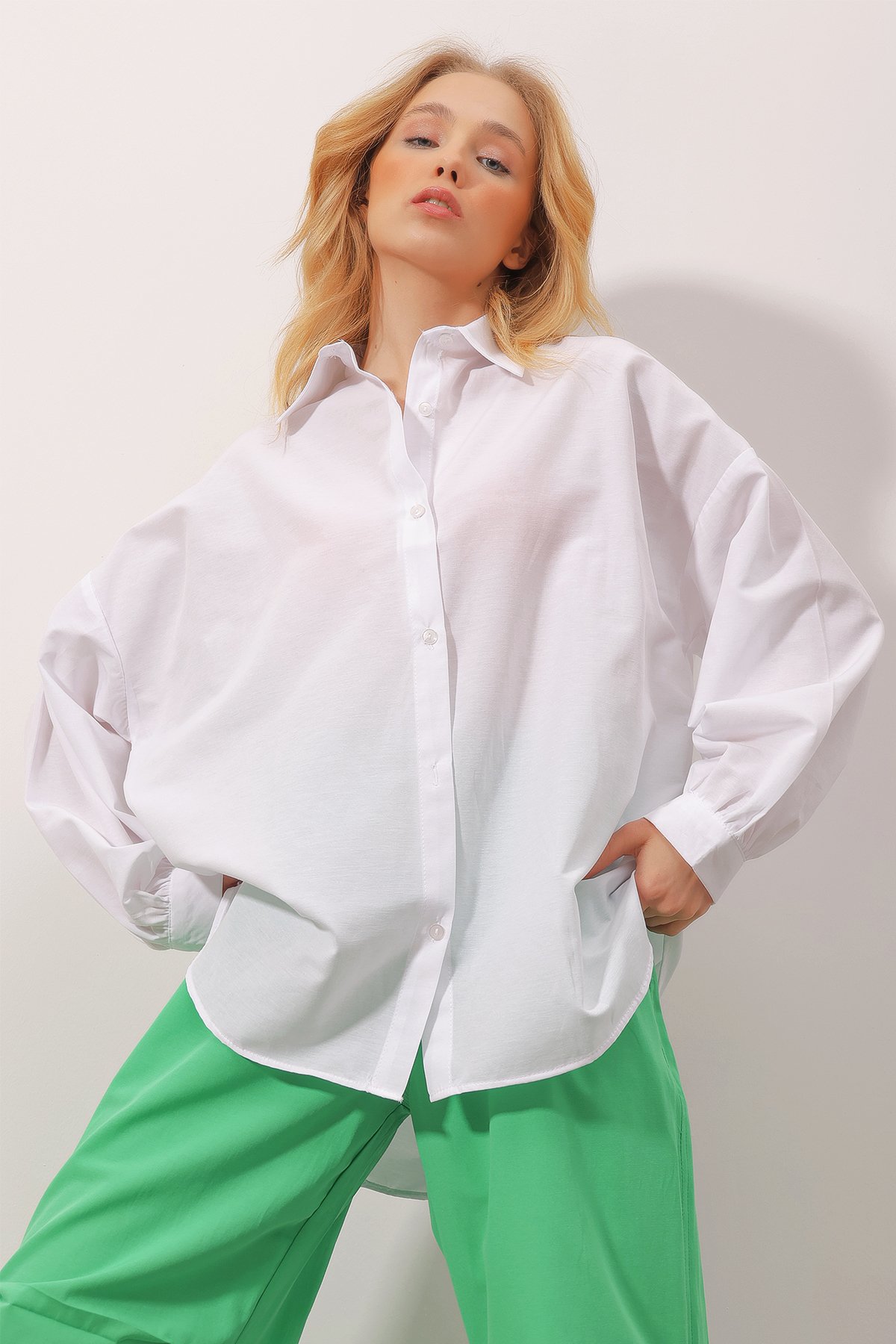 Balon Kol Oversize Poplin Gömlek - Kar Beyaz