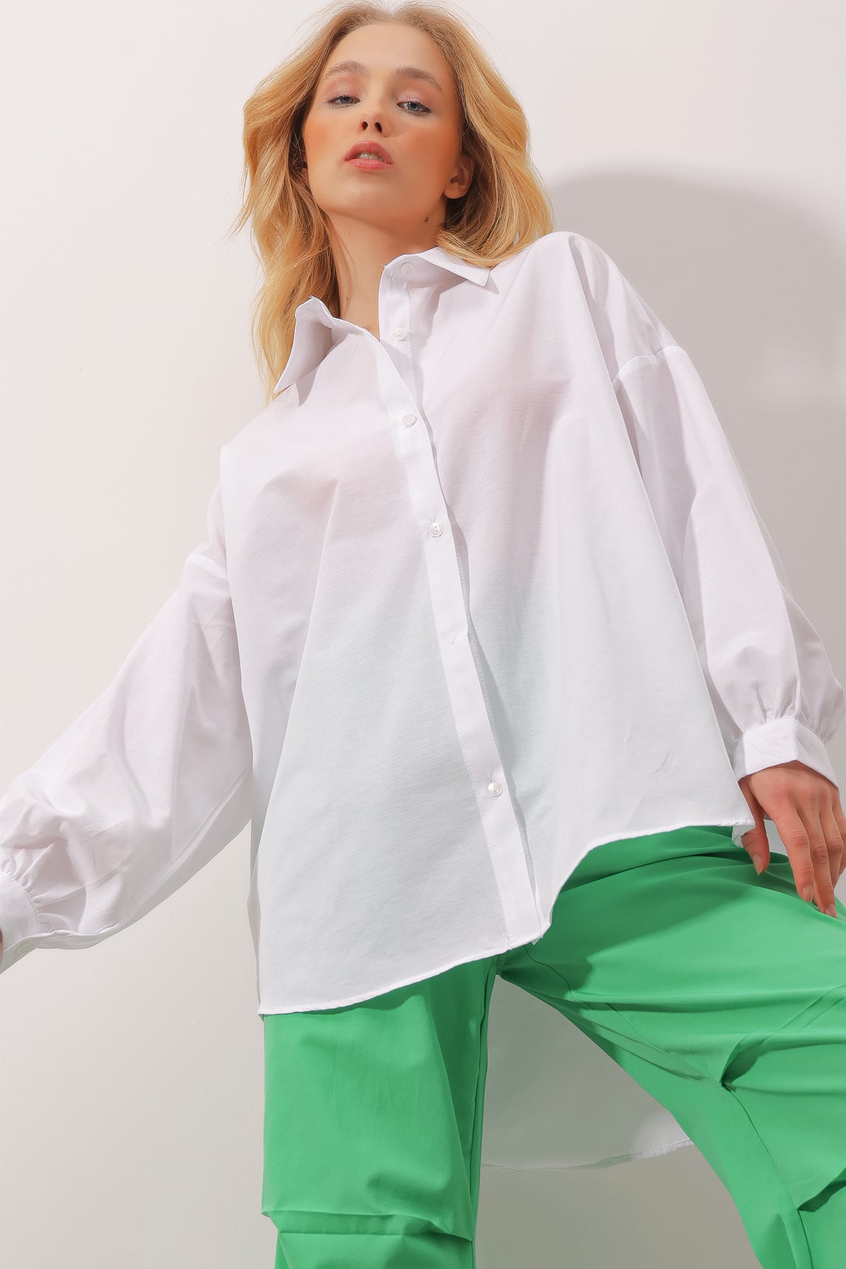 Balon Kol Oversize Poplin Gömlek - Kar Beyaz