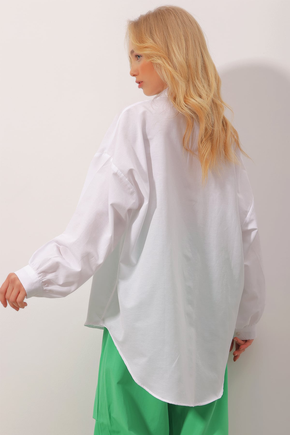 Balon Kol Oversize Poplin Gömlek - Kar Beyaz