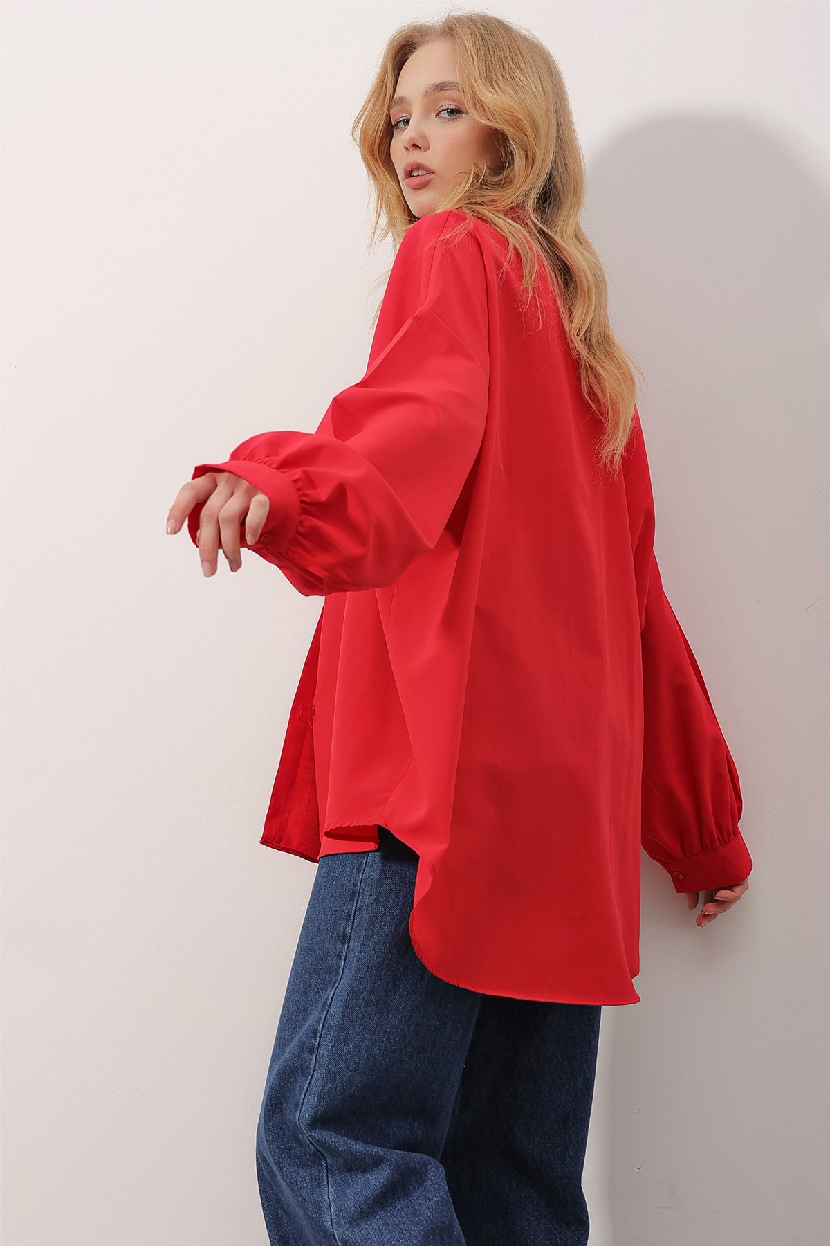 Balon Kol Oversize Poplin Gömlek - Kırmızı