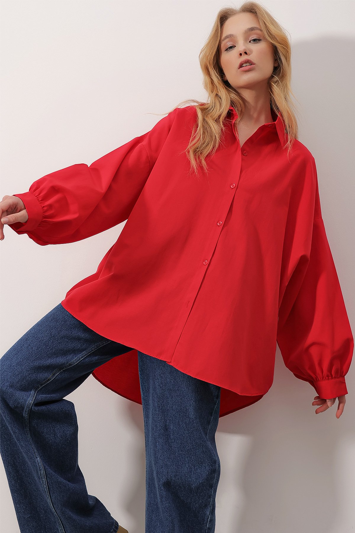 Balon Kol Oversize Poplin Gömlek - Kırmızı