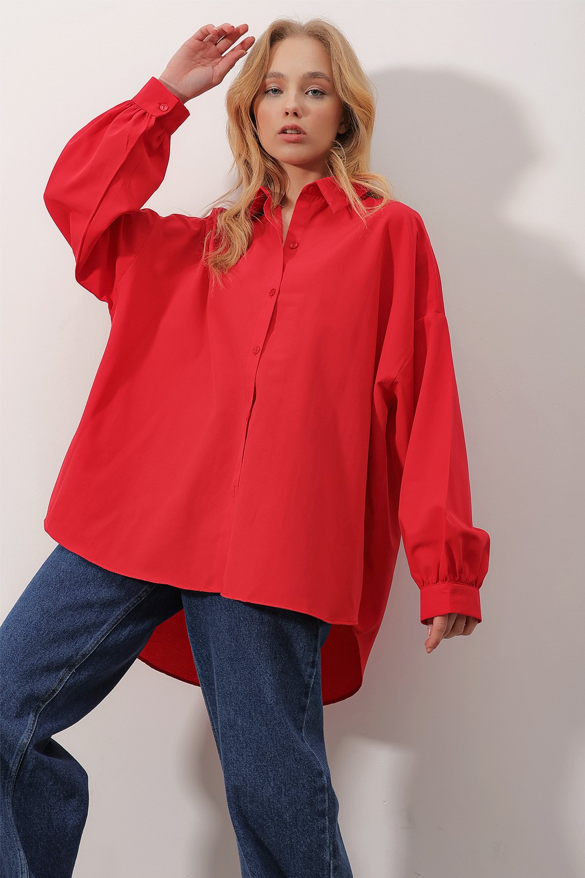 Balon Kol Oversize Poplin Gömlek - Kırmızı