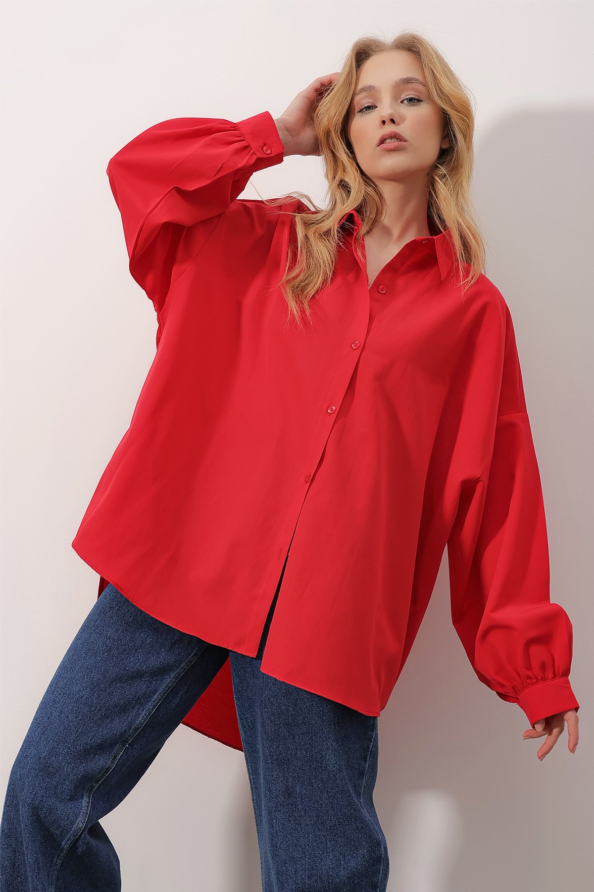 Balon Kol Oversize Poplin Gömlek - Kırmızı