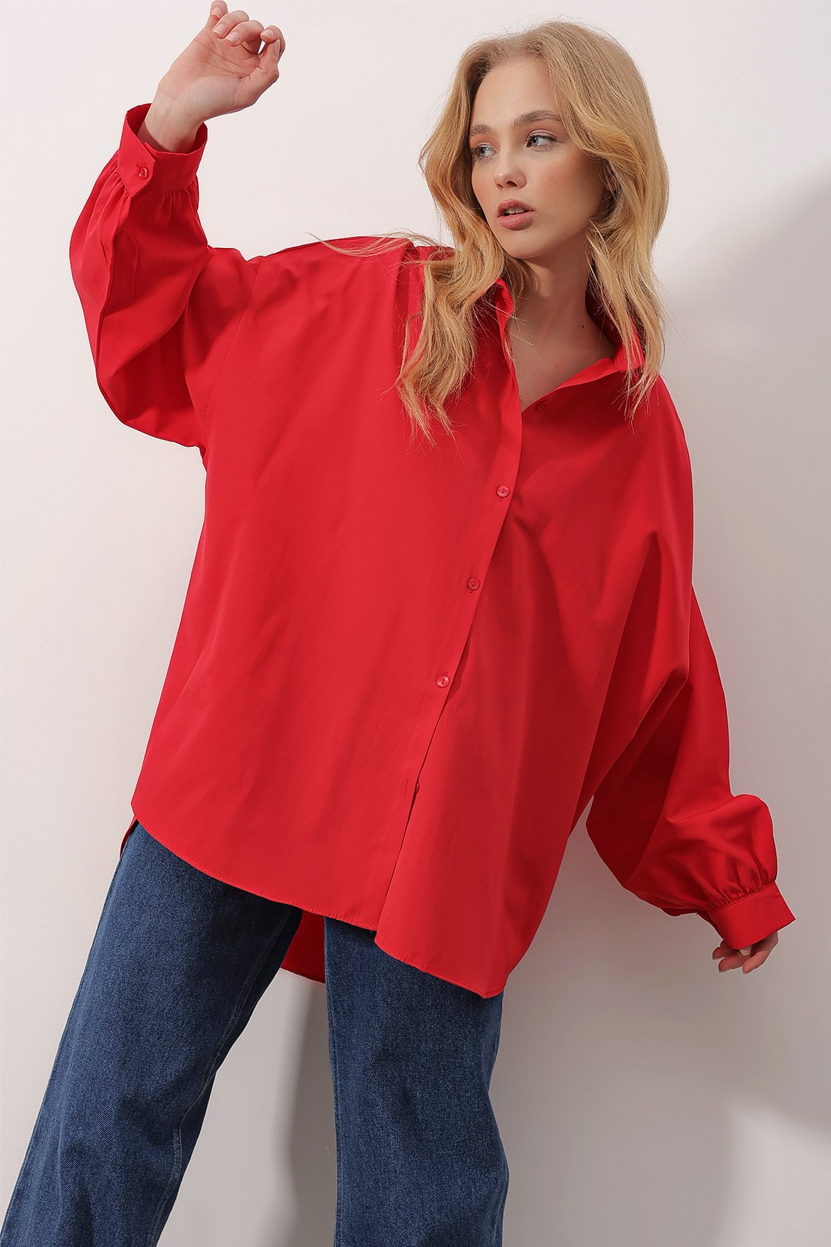 Balon Kol Oversize Poplin Gömlek - Kırmızı
