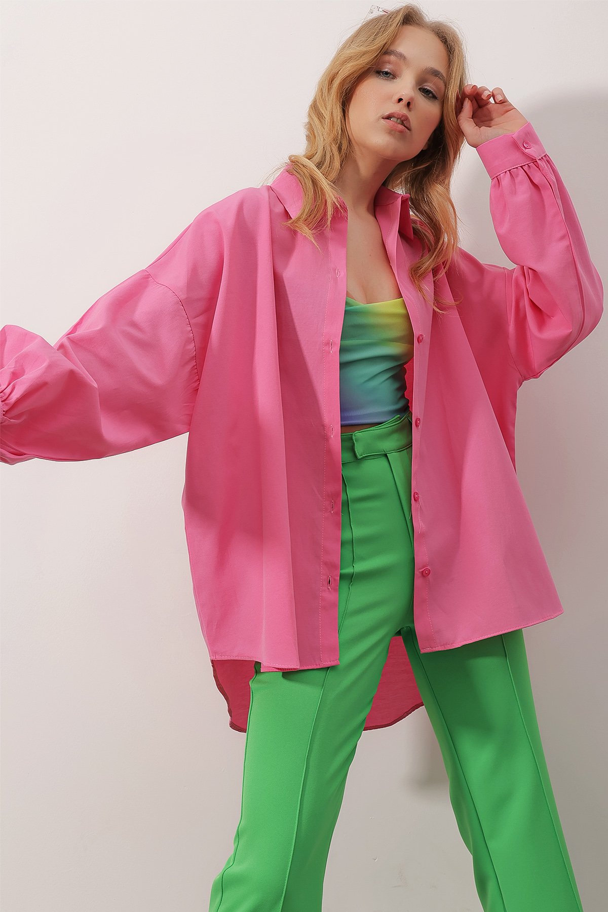 Balon Kol Oversize Poplin Gömlek - Pembe