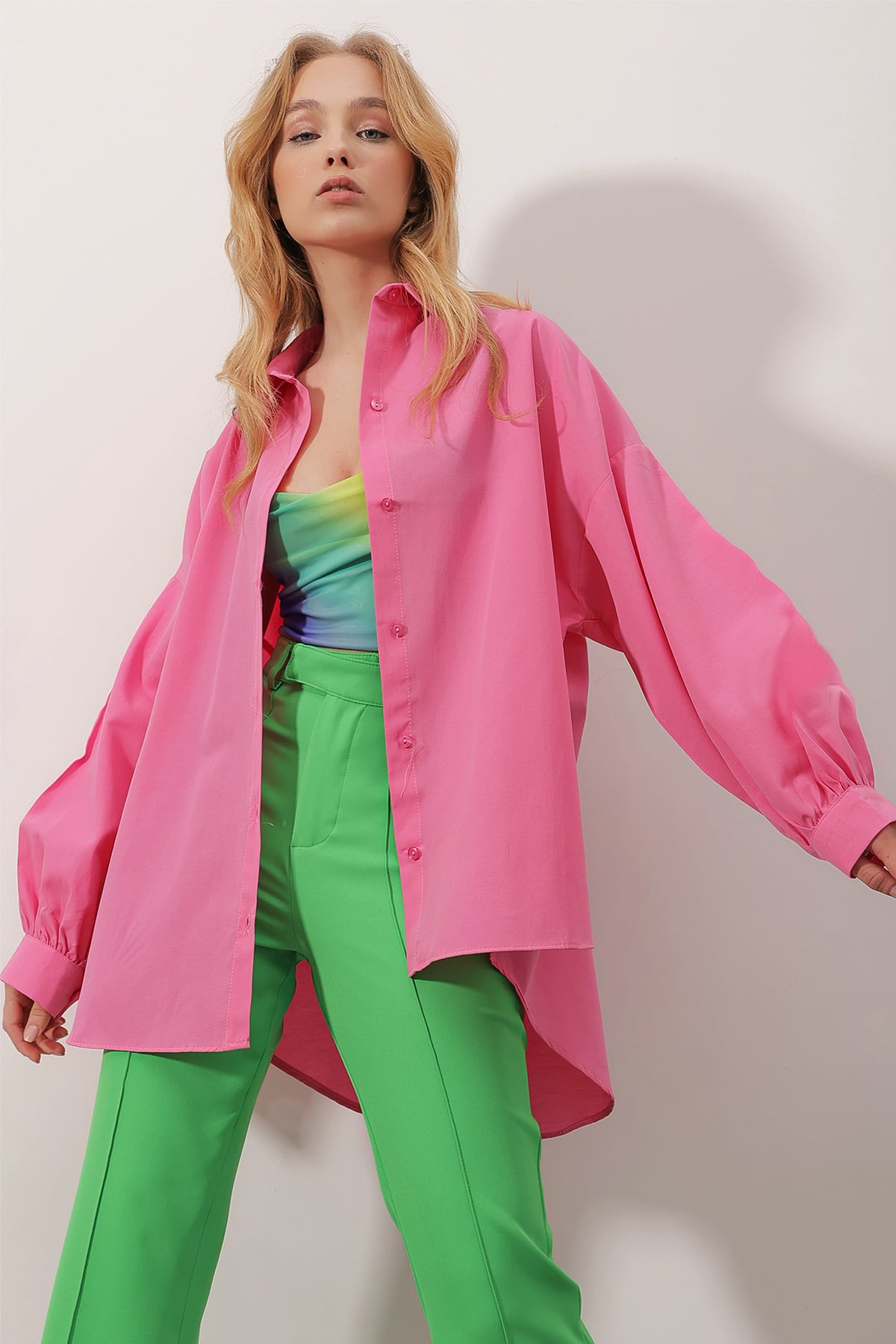 Balon Kol Oversize Poplin Gömlek - Pembe
