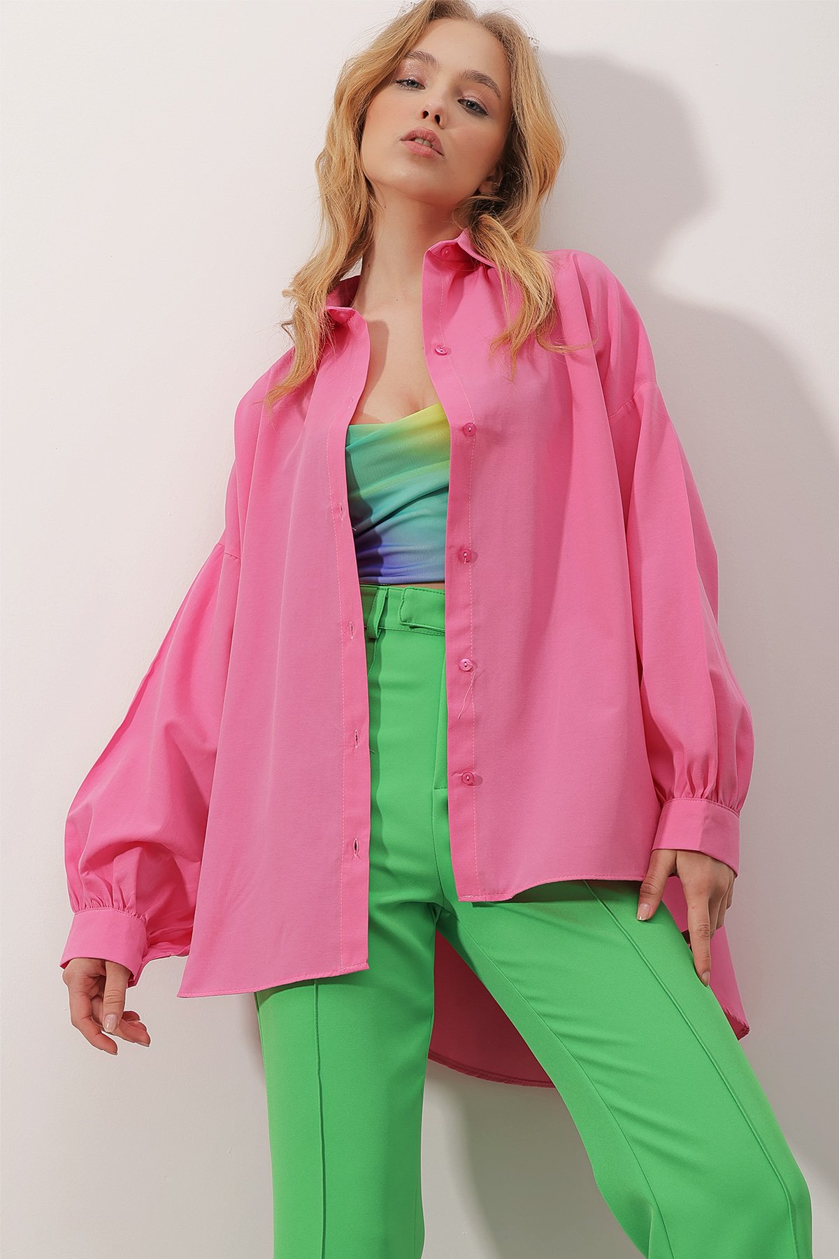 Balon Kol Oversize Poplin Gömlek - Pembe