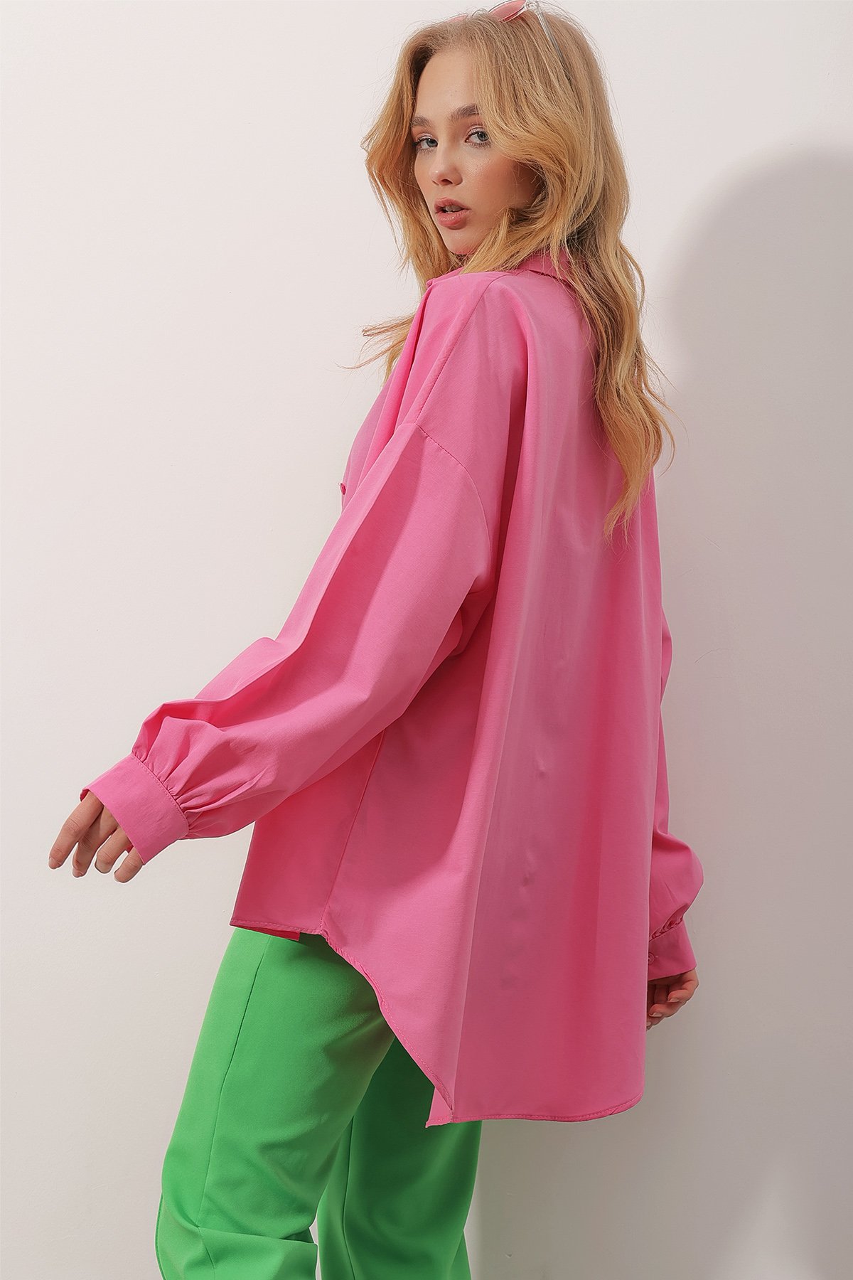 Balon Kol Oversize Poplin Gömlek - Pembe