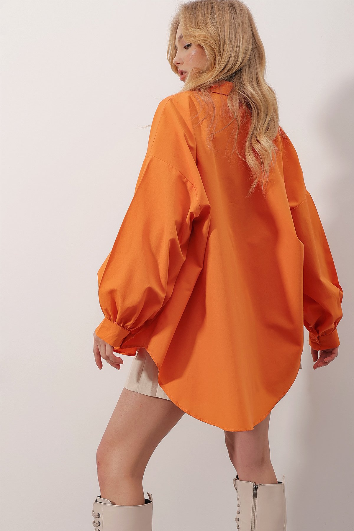Balon Kol Oversize Poplin Gömlek - Turuncu