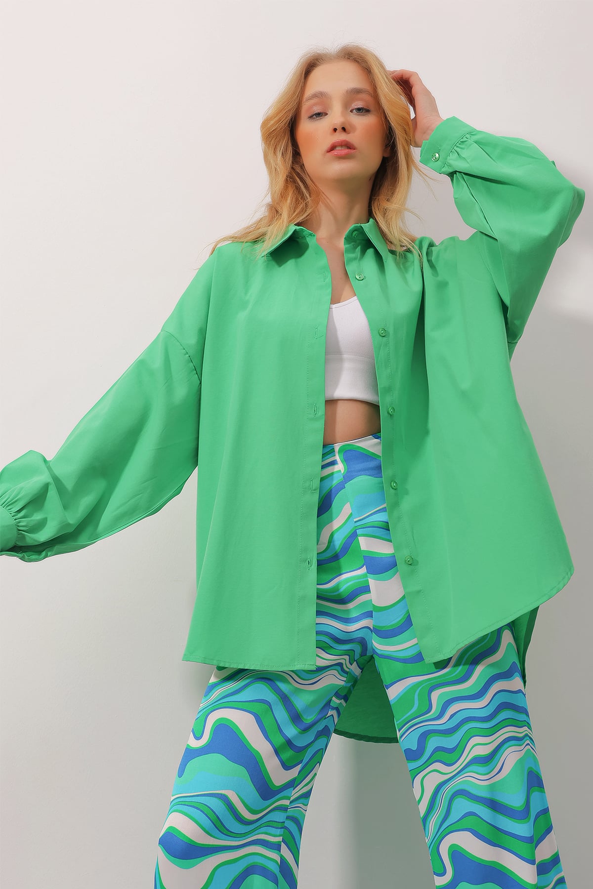 Balon Kol Oversize Poplin Gömlek - Yeşil