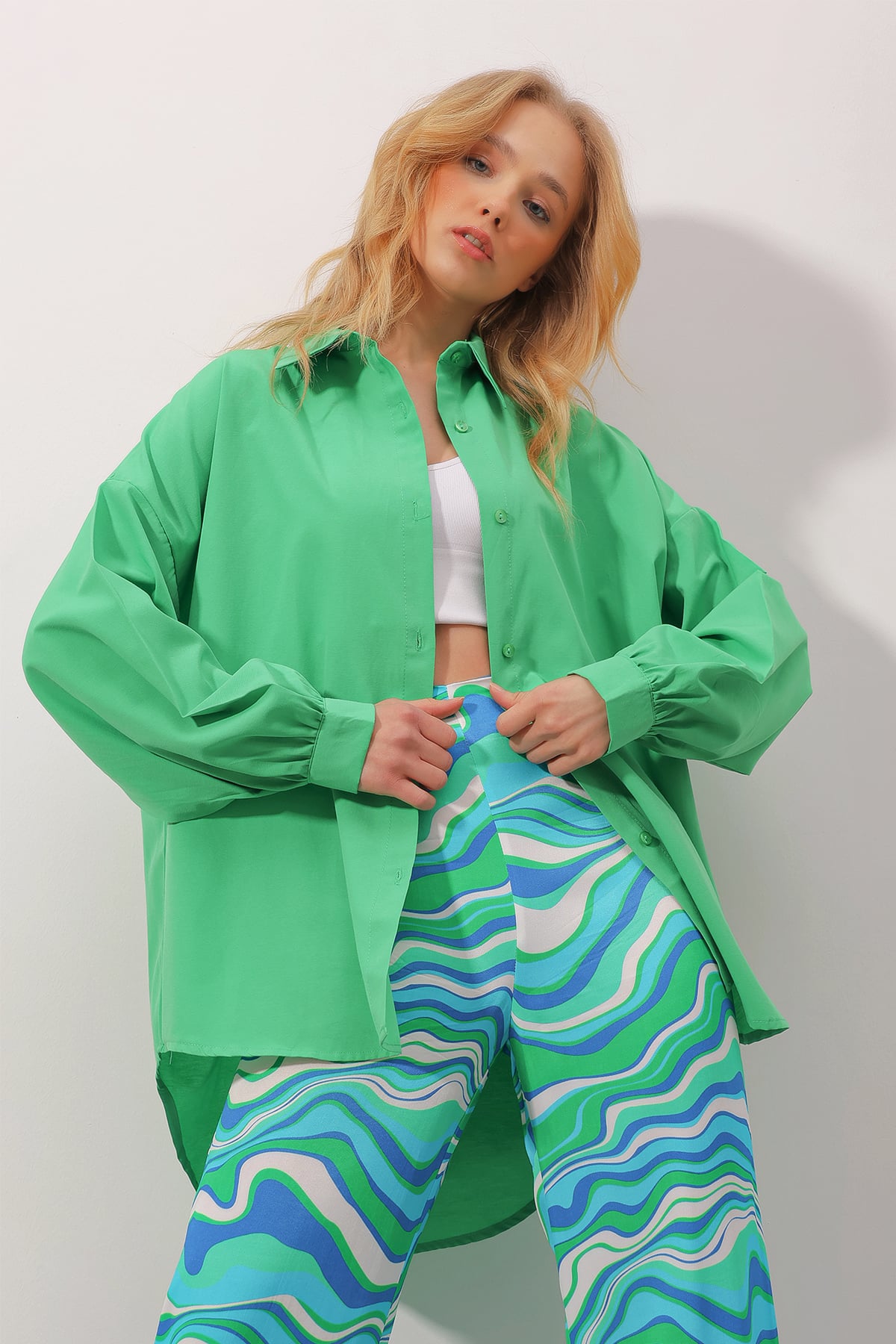 Balon Kol Oversize Poplin Gömlek - Yeşil