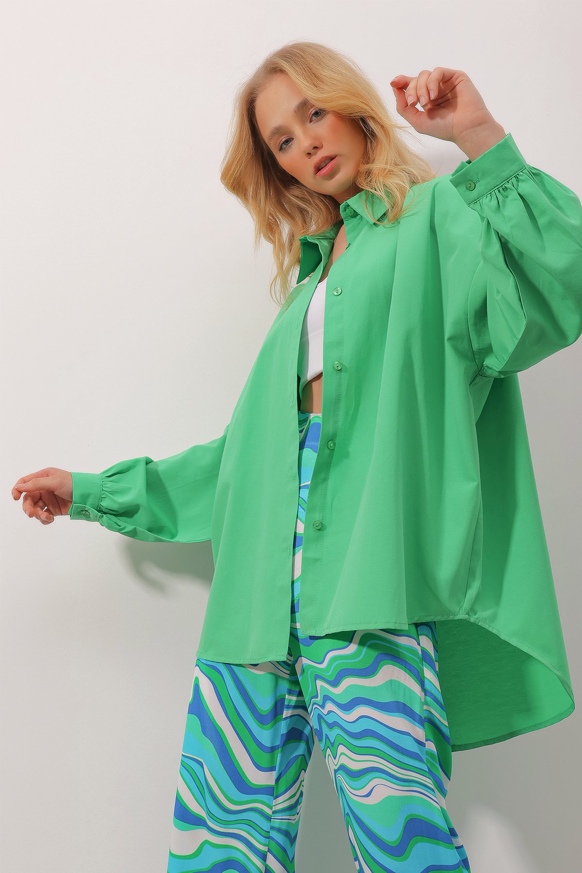 Balon Kol Oversize Poplin Gömlek - Yeşil