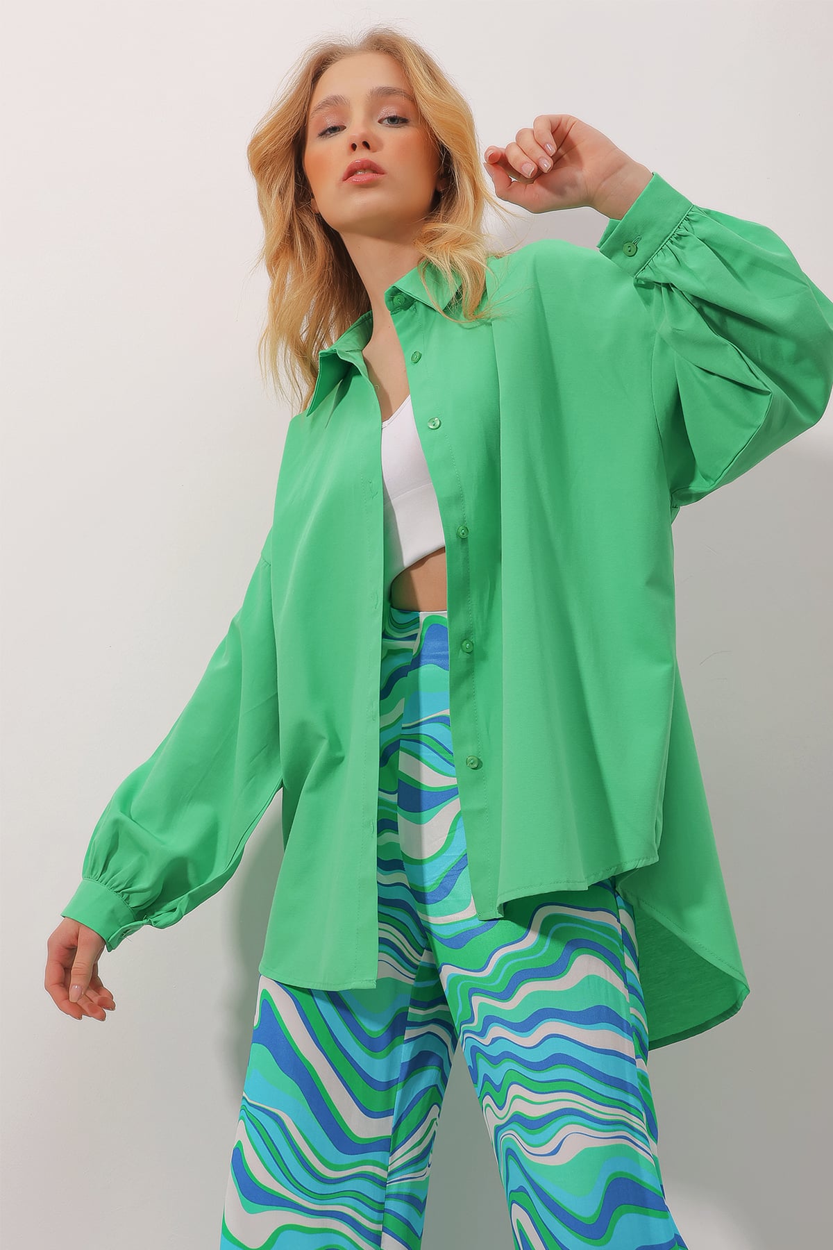 Balon Kol Oversize Poplin Gömlek - Yeşil
