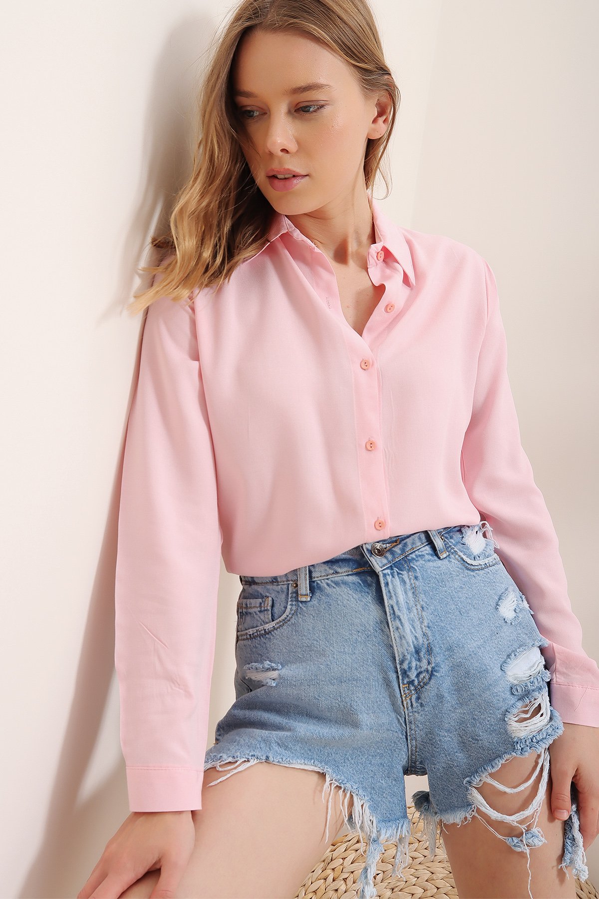 Basic Dokuma Gömlek - Pembe