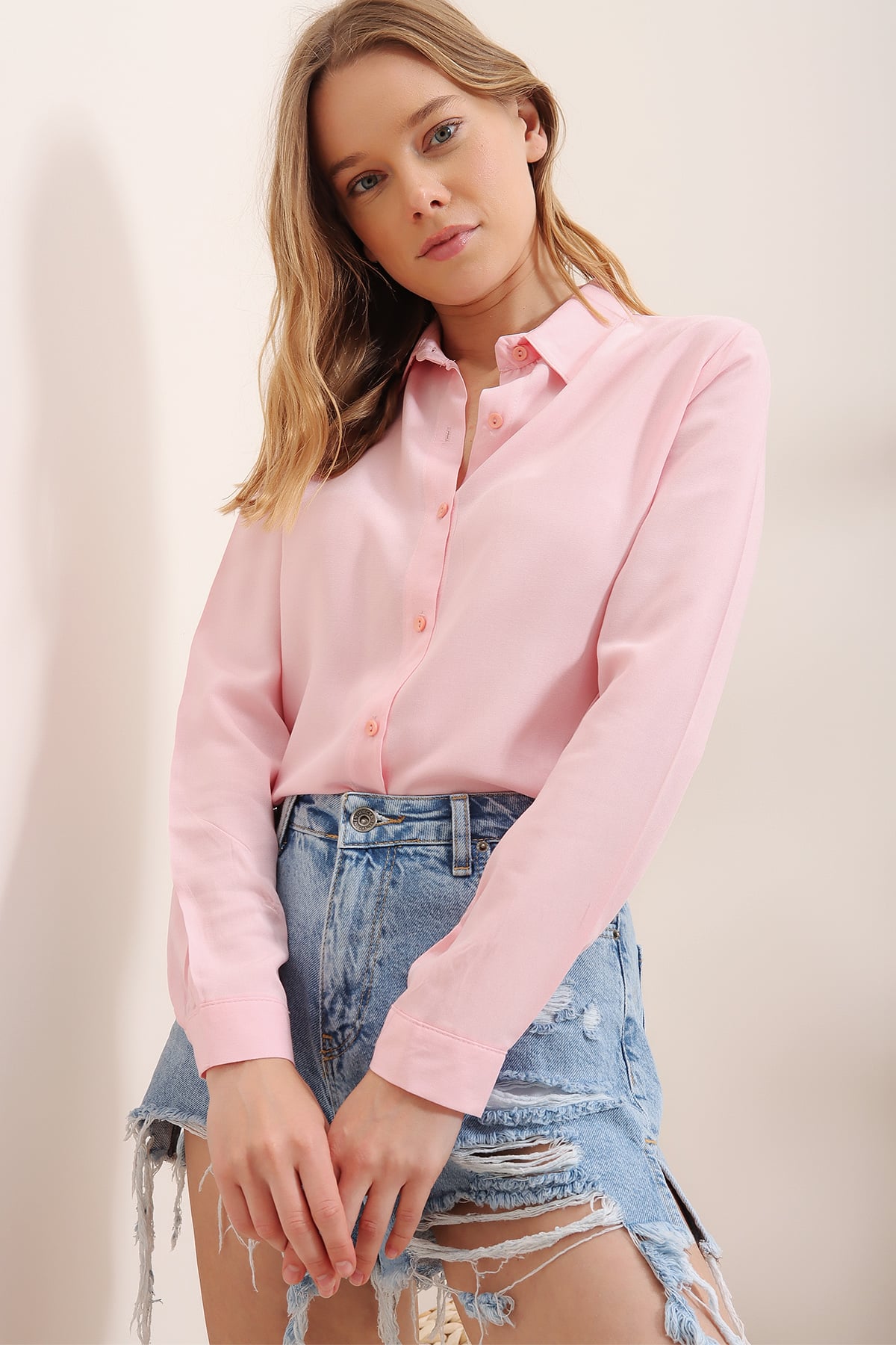 Basic Dokuma Gömlek - Pembe