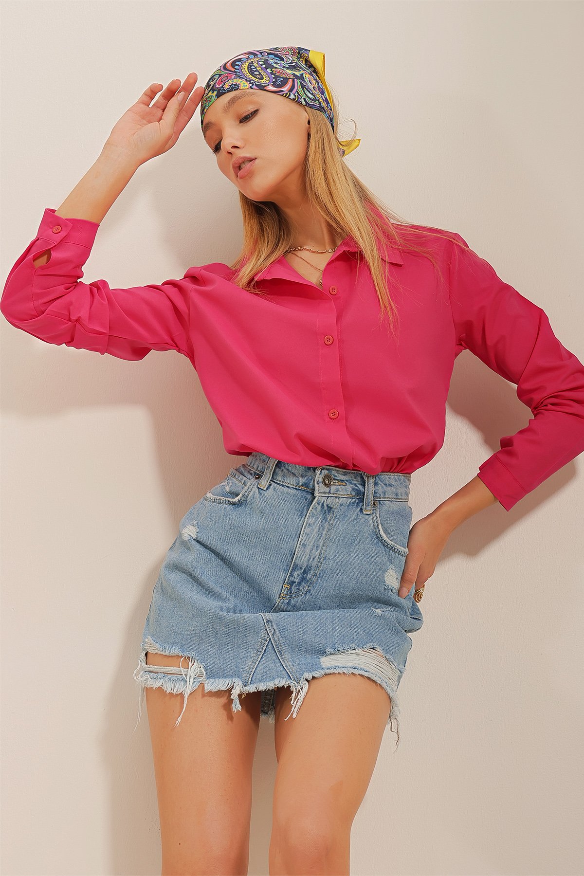 Basic Slim Kalıp Poplin Gömlek - Fuşya