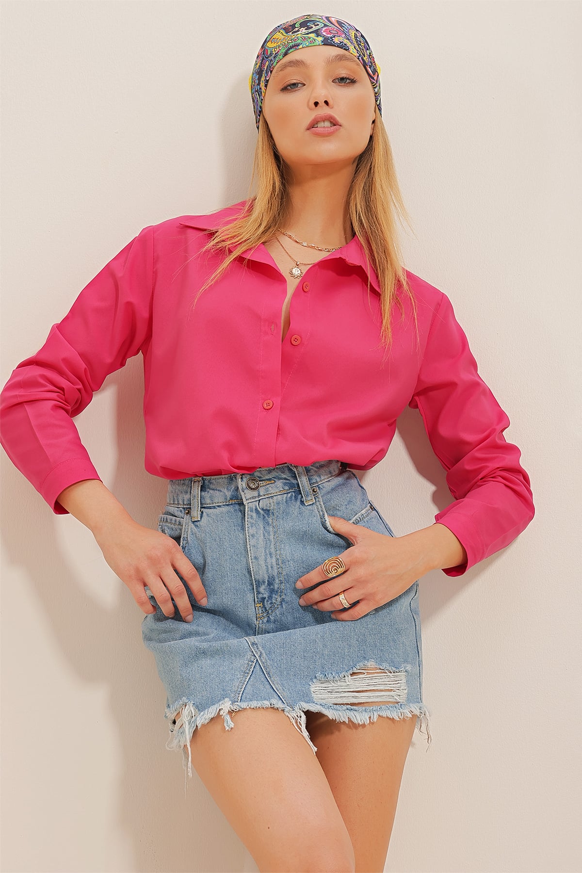 Basic Slim Kalıp Poplin Gömlek - Fuşya