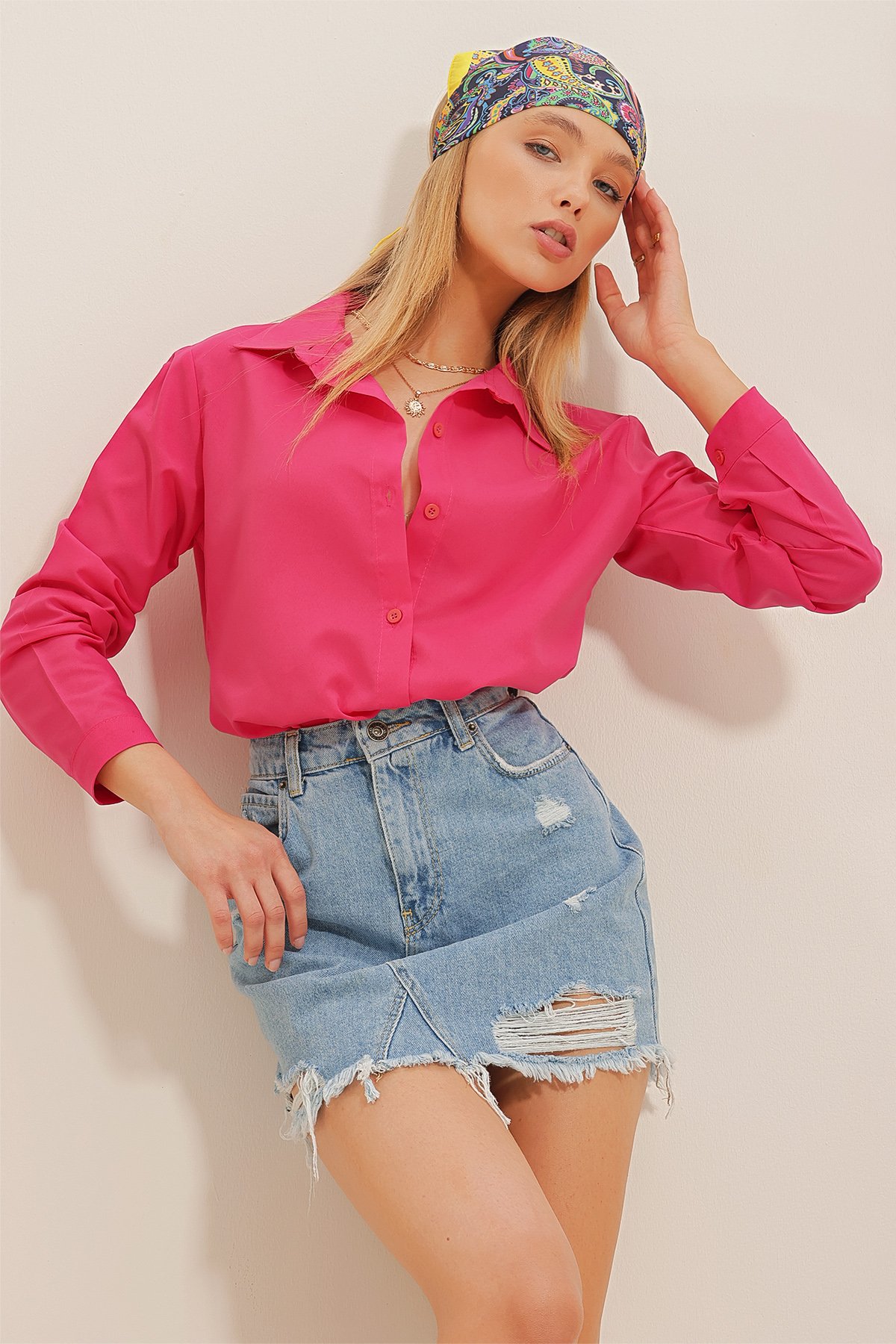Basic Slim Kalıp Poplin Gömlek - Fuşya