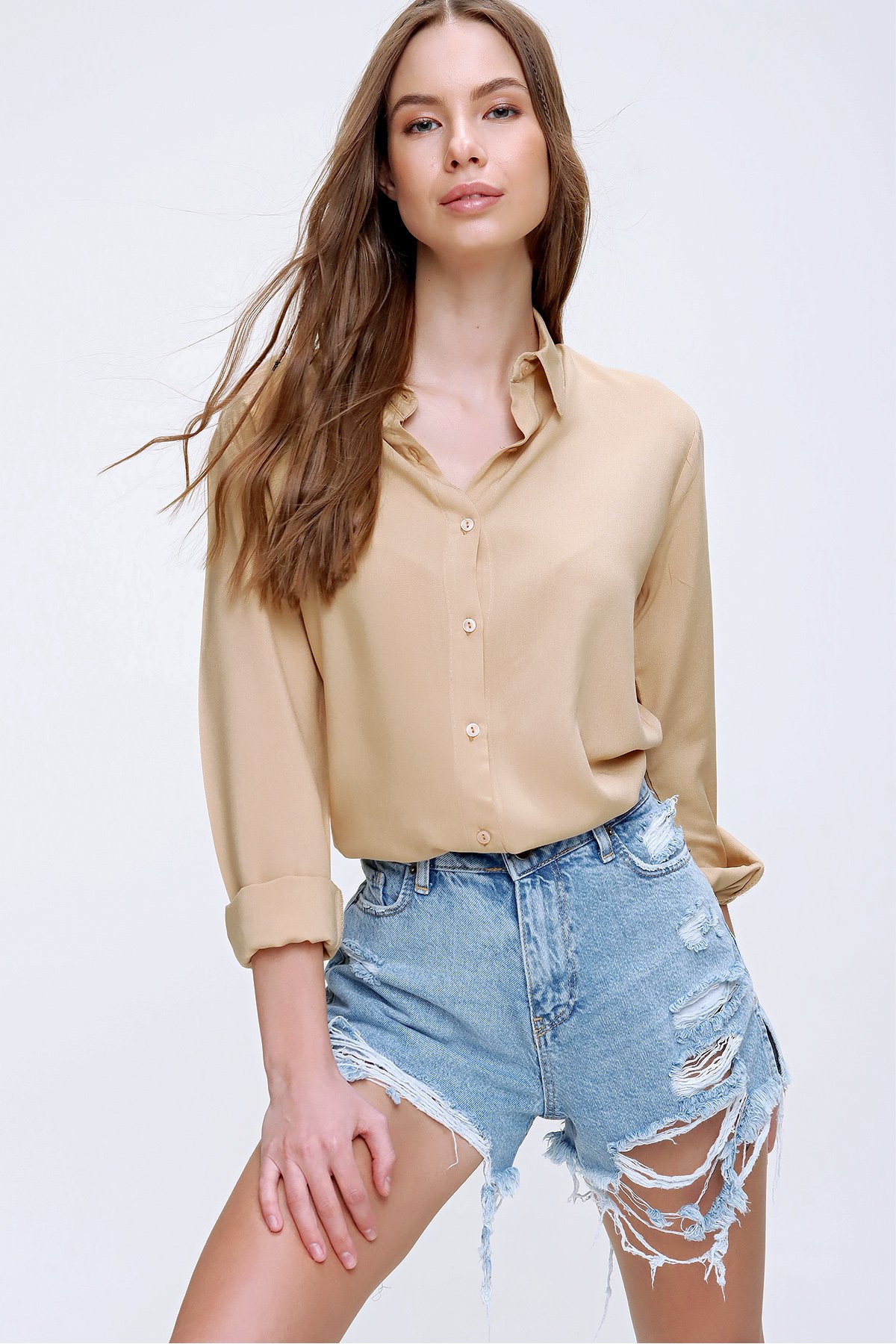 BASİC VİSCON DOKUMA GÖMLEK - Bej