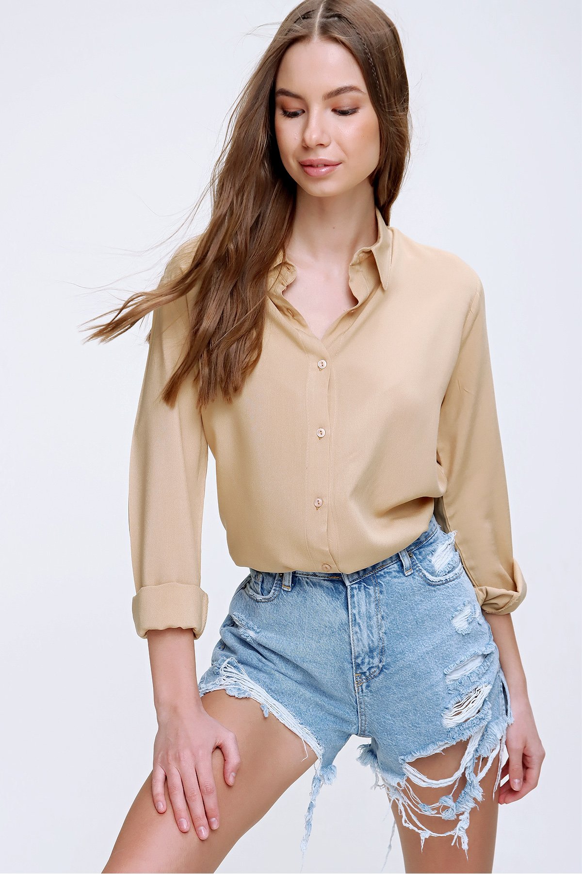 BASİC VİSCON DOKUMA GÖMLEK - Bej