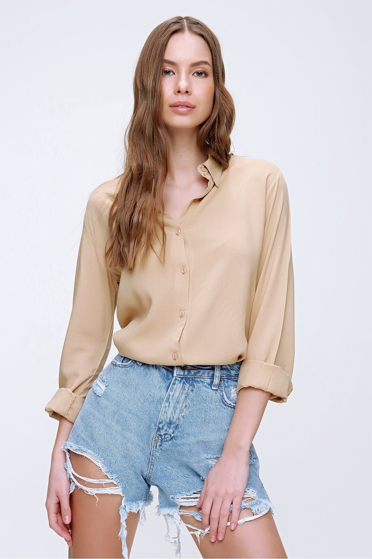 BASİC VİSCON DOKUMA GÖMLEK - Bej