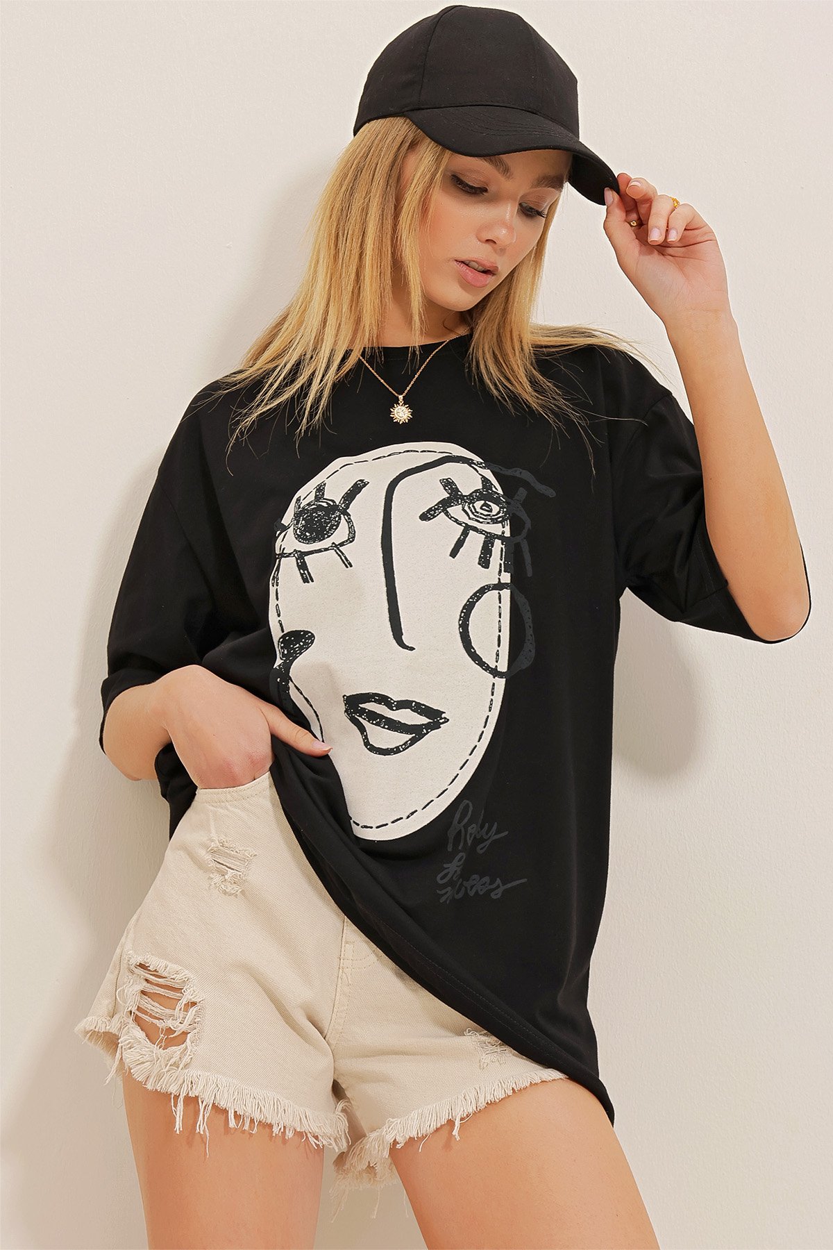 Baskılı Oversize T-Shirt - Beyaz