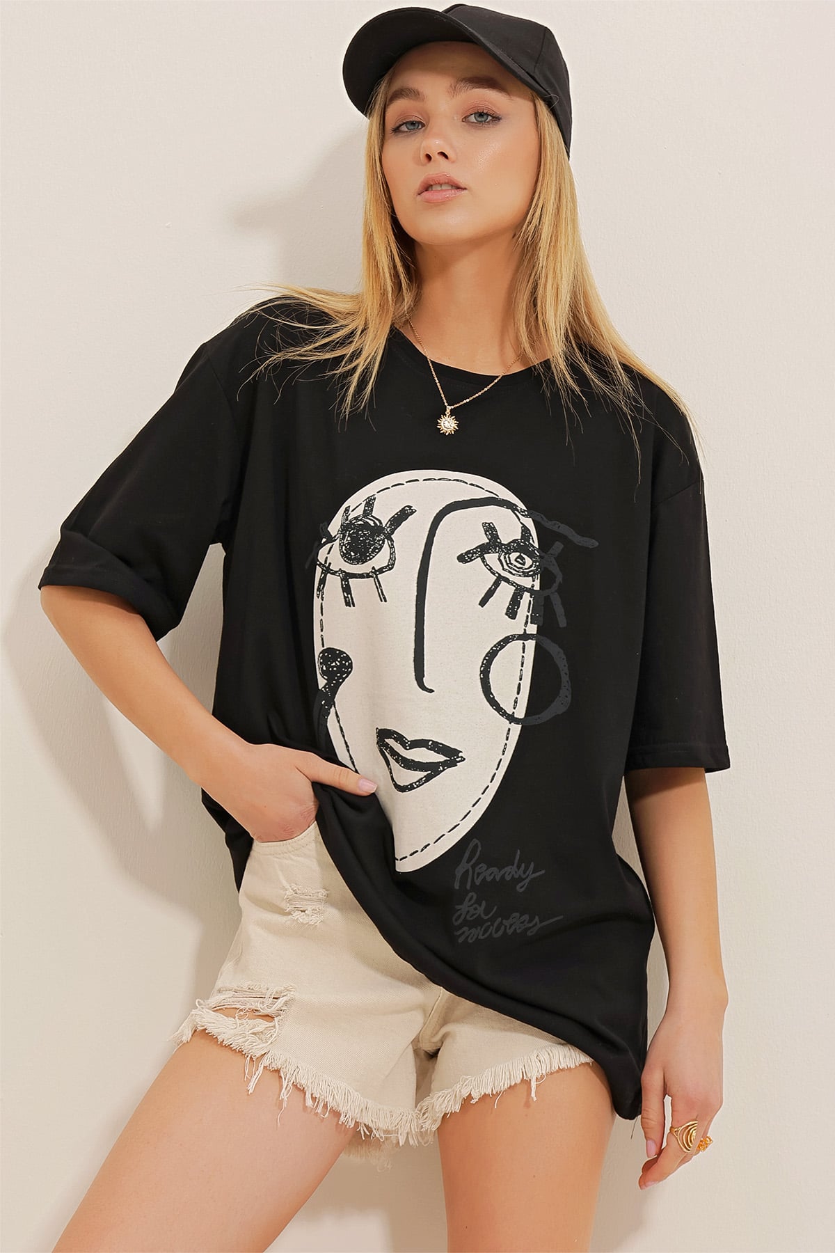 Baskılı Oversize T-Shirt - Beyaz