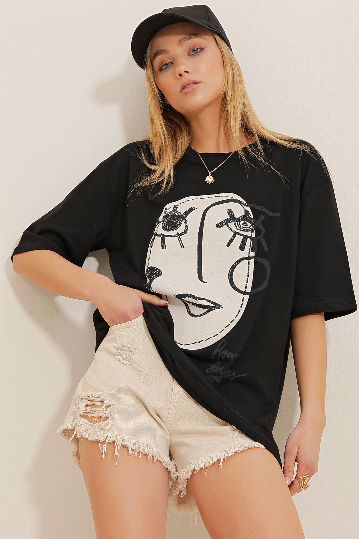 Baskılı Oversize T-Shirt - Beyaz