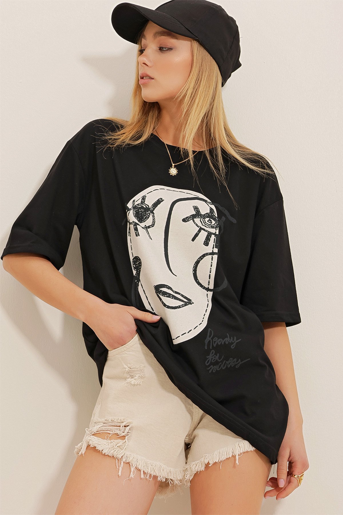Baskılı Oversize T-Shirt - Beyaz