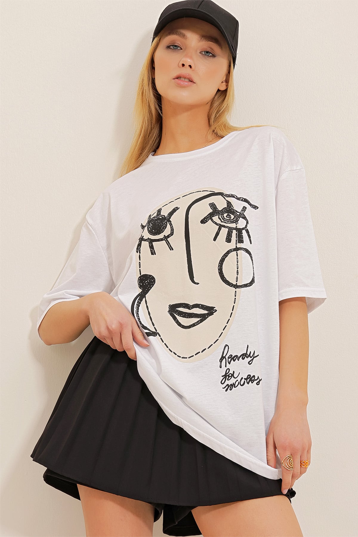 Baskılı Oversize T-Shirt - Siyah