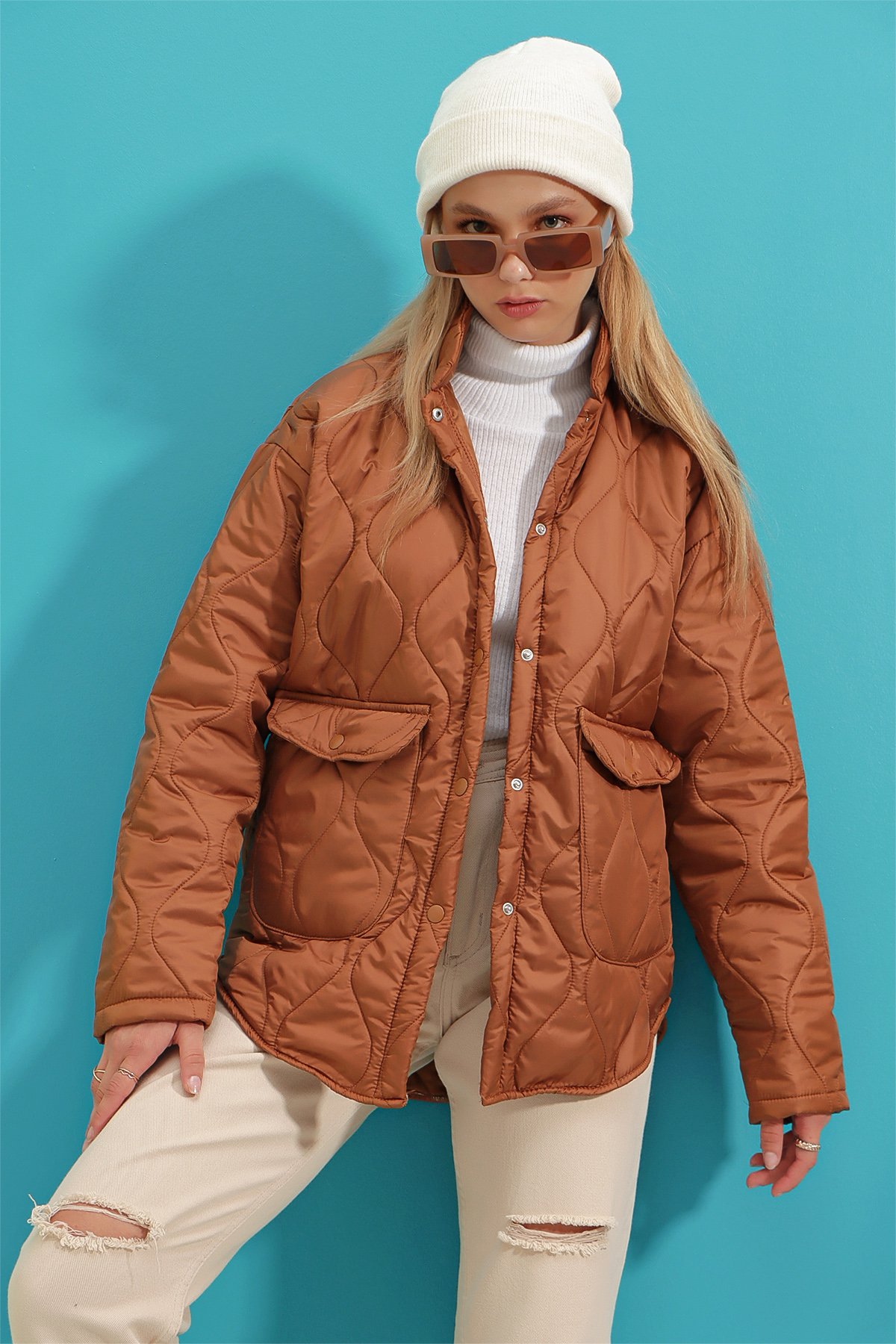 Bebe Yaka Astarlı Cepli Kapitone Mont - Taba