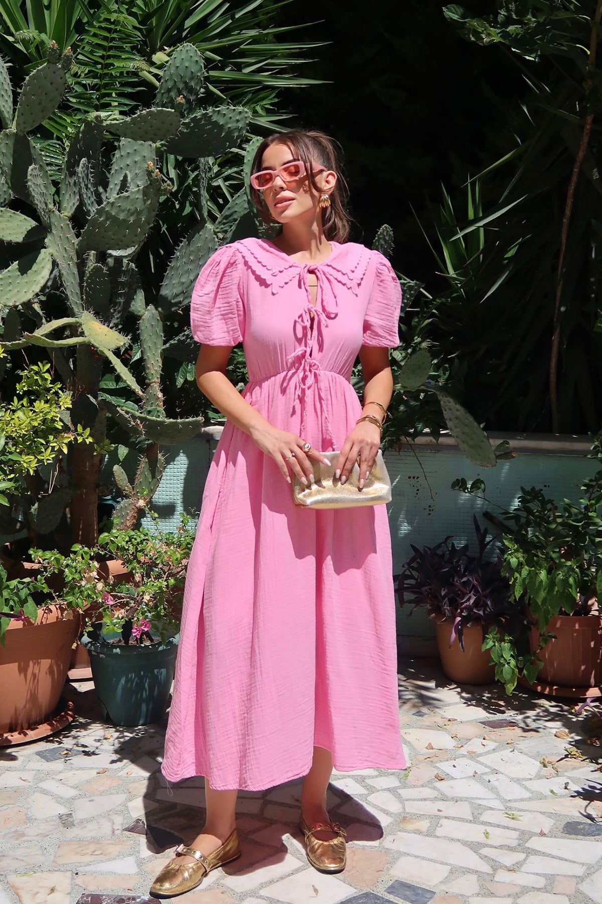 Bebe Yaka Bağlamalı Müslin Elbise - PEMBE