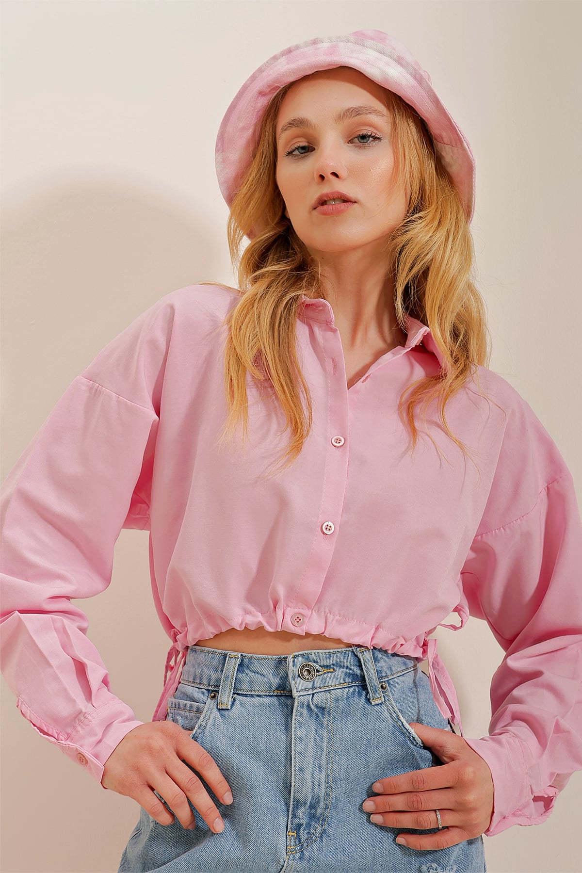 Beli Bağcıklı Poplin Crop Gömlek - Pembe
