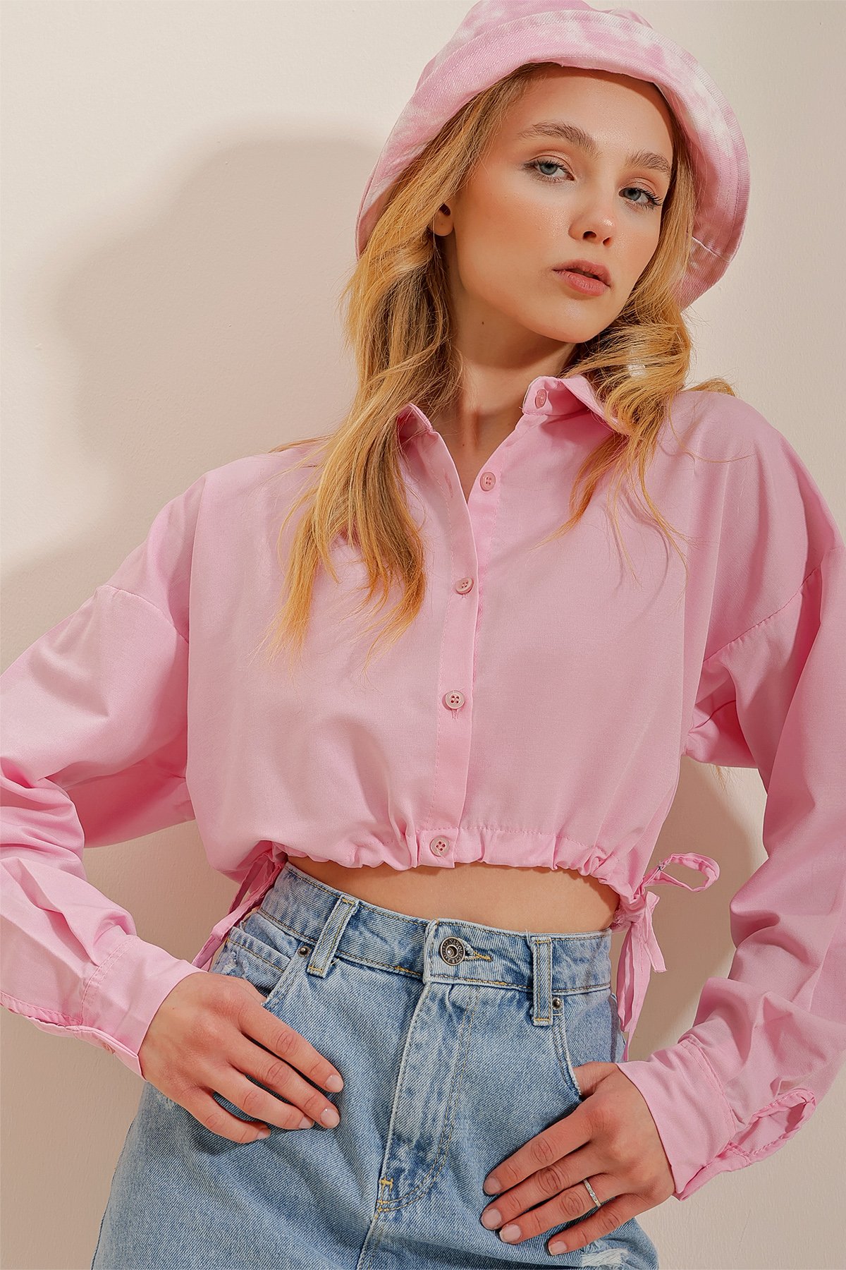 Beli Bağcıklı Poplin Crop Gömlek - Pembe