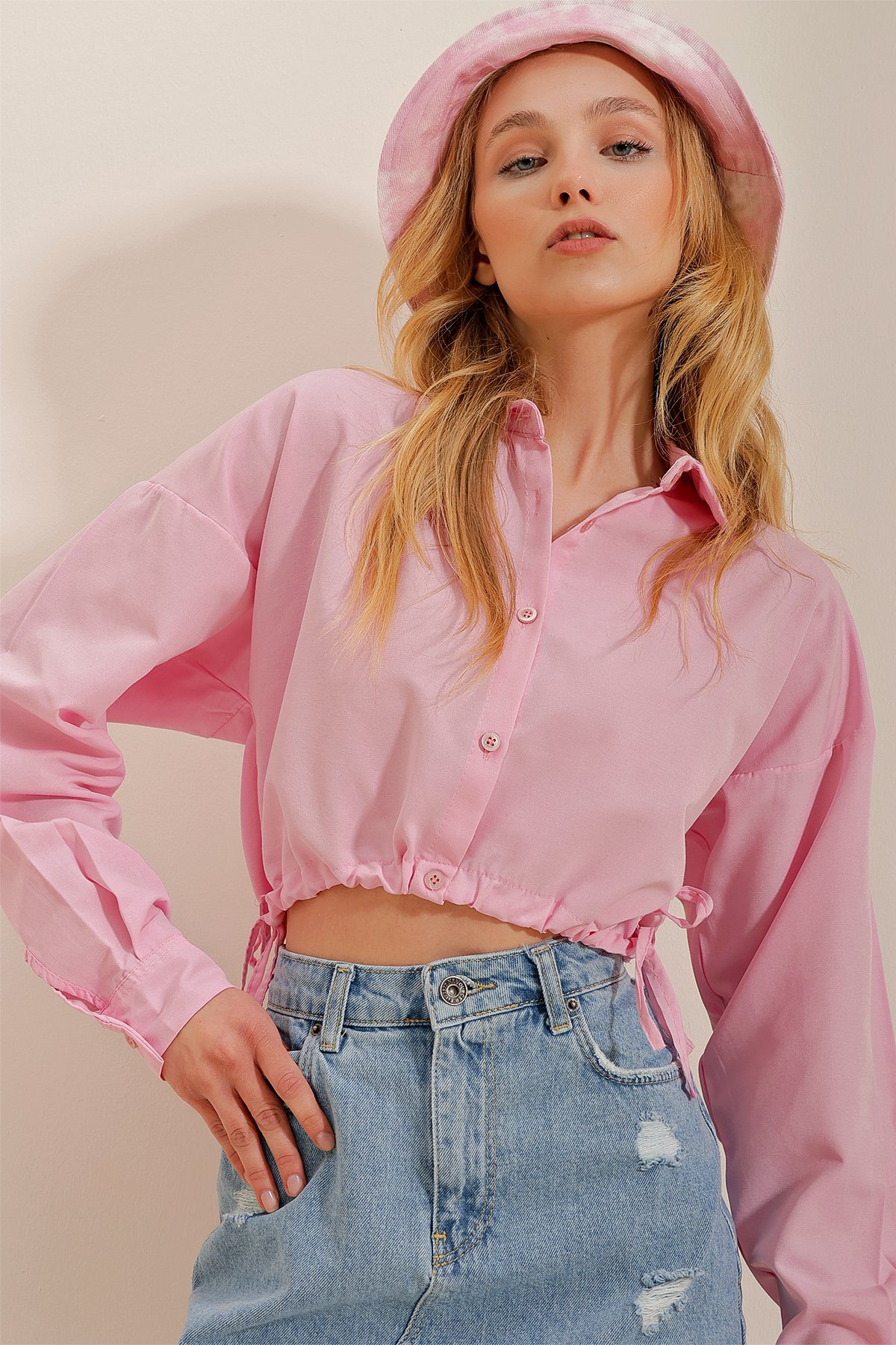 Beli Bağcıklı Poplin Crop Gömlek - Pembe