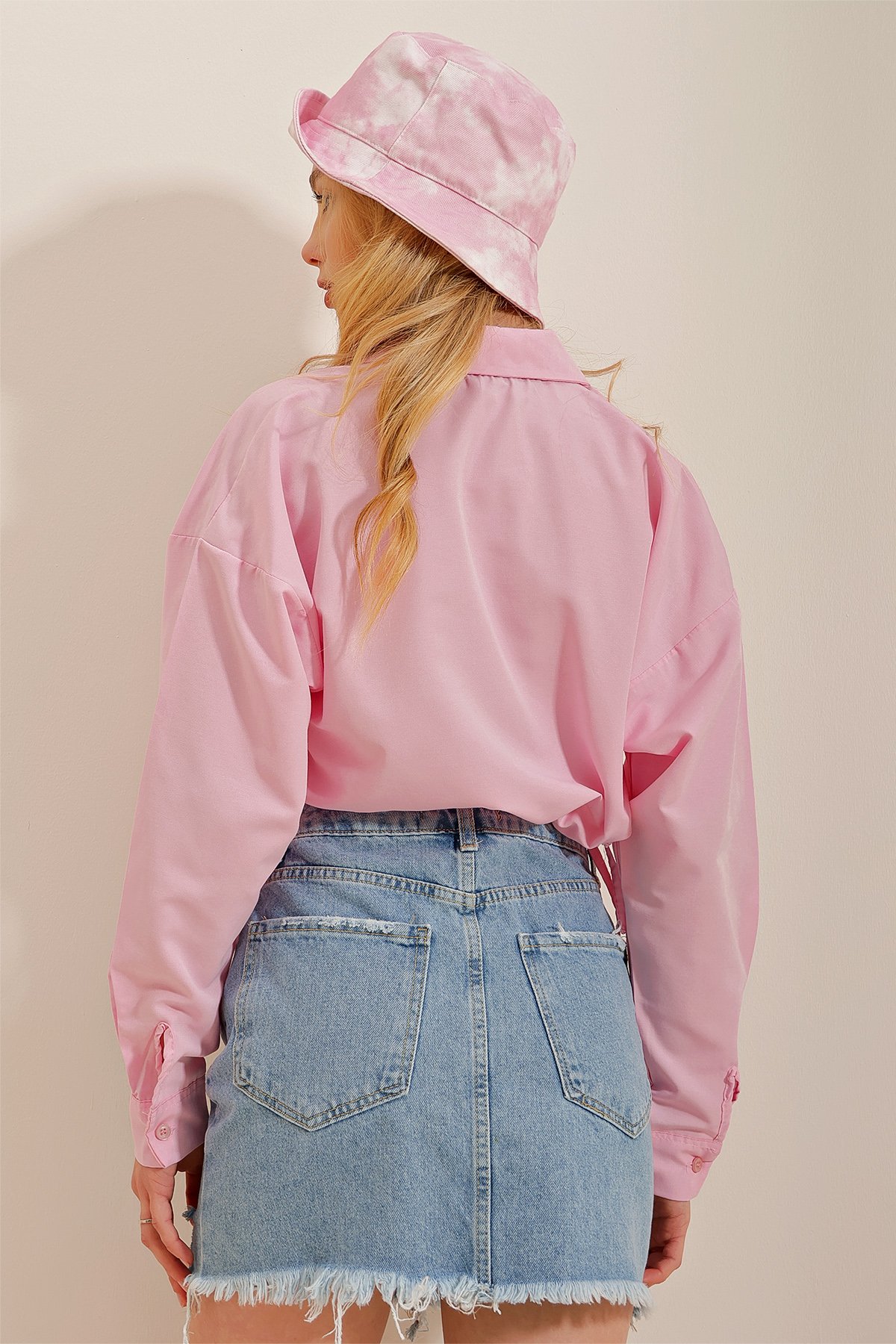 Beli Bağcıklı Poplin Crop Gömlek - Pembe