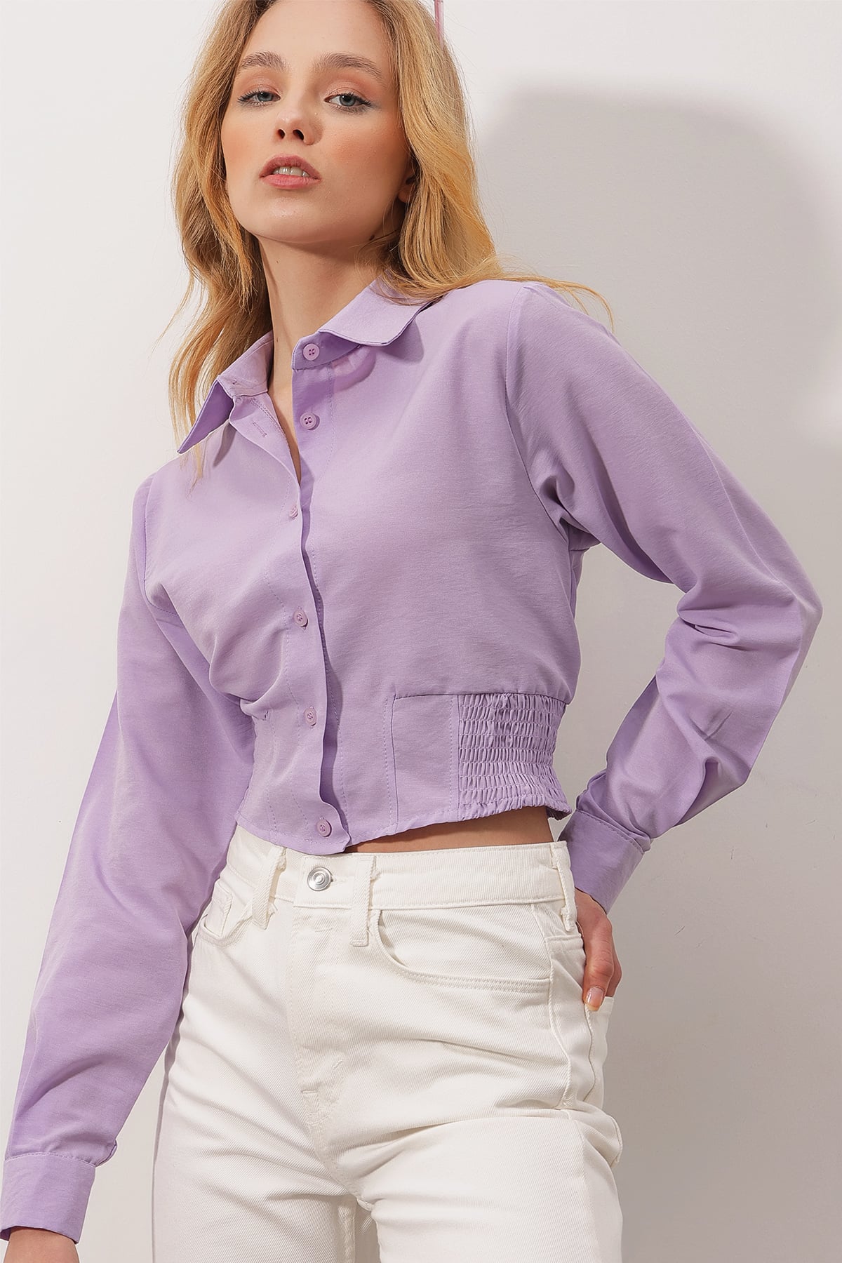 Beli Gipeli Crop Poplin Gömlek - Lila
