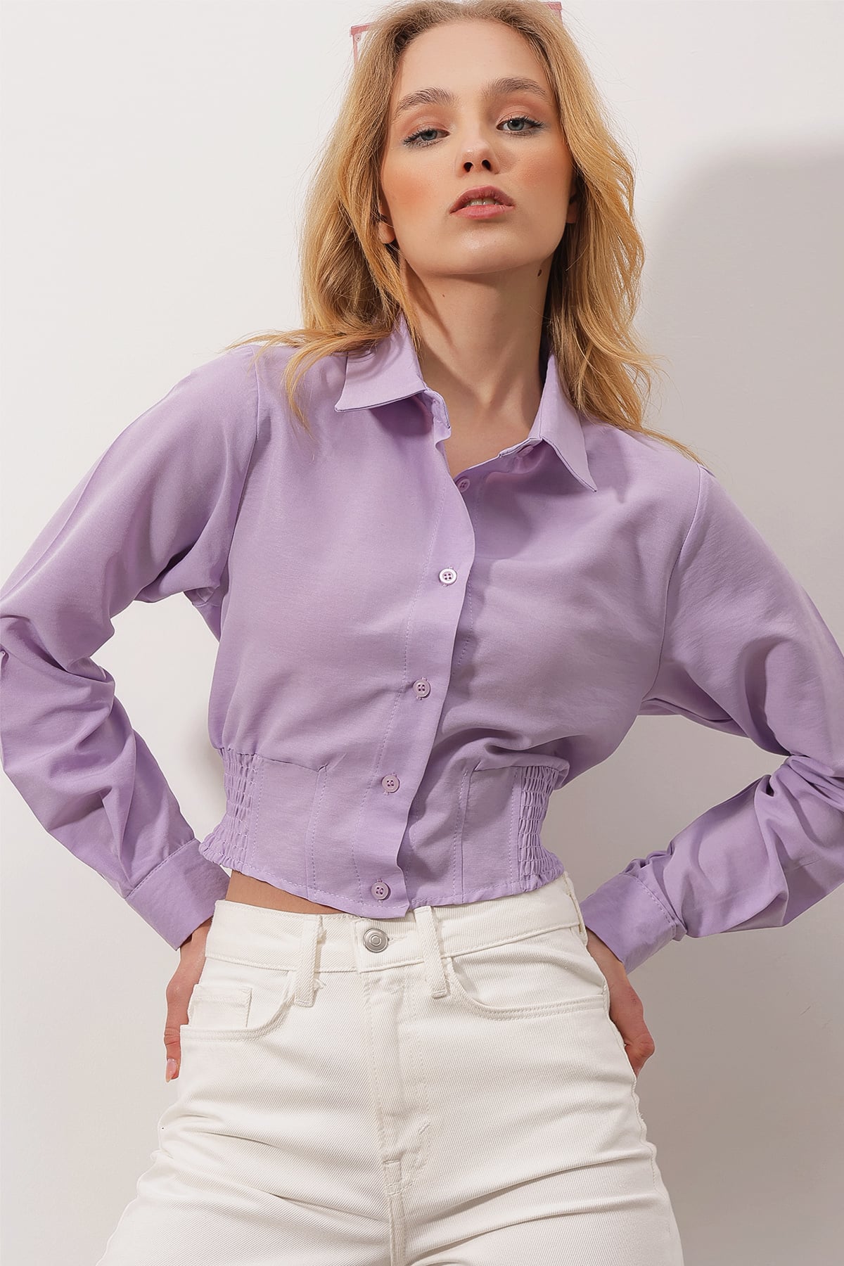 Beli Gipeli Crop Poplin Gömlek - Lila
