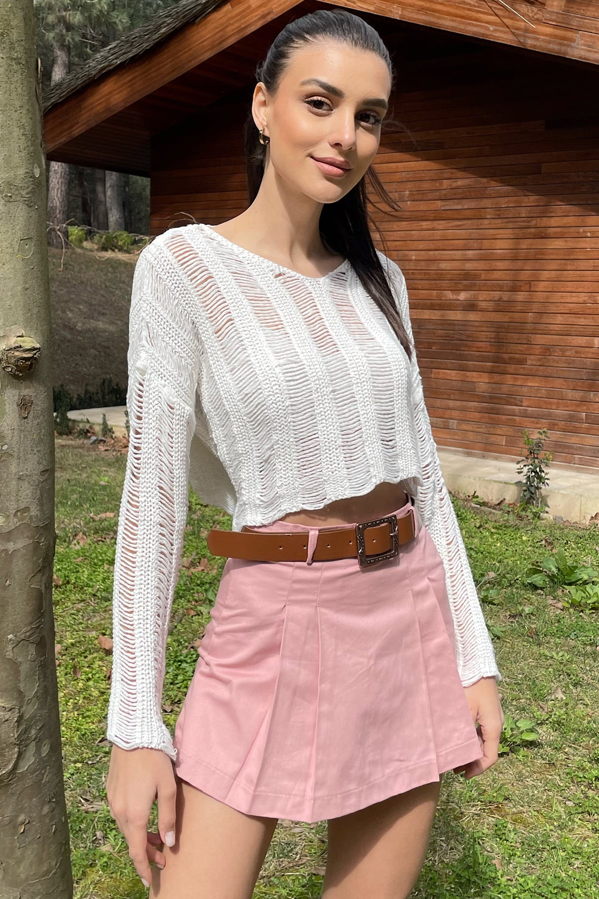 Beli Kemerli Pileli Gabardin Şort Etek - Pudra