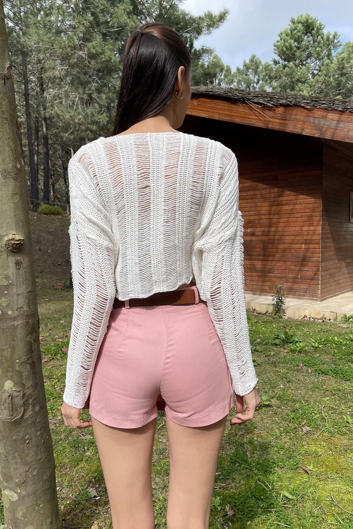 Beli Kemerli Pileli Gabardin Şort Etek - Pudra