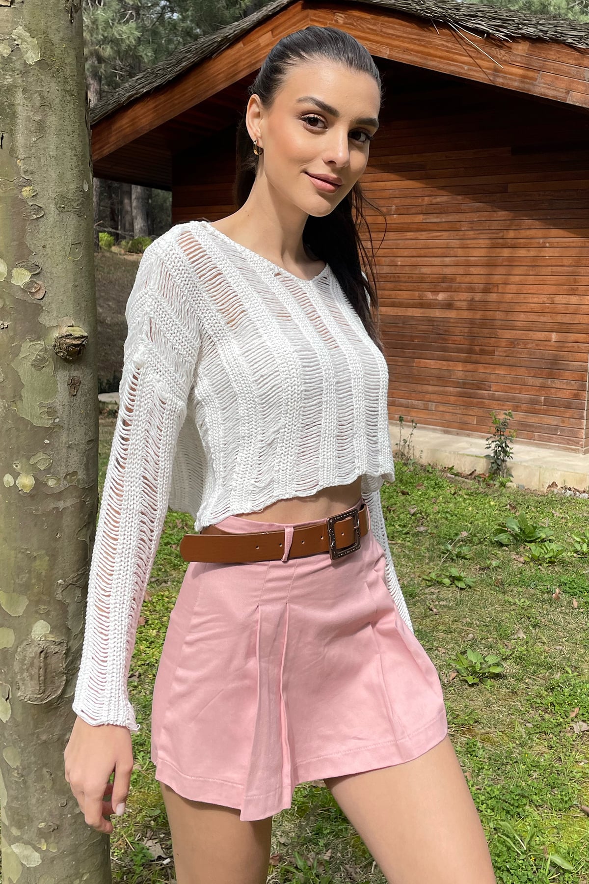 Beli Kemerli Pileli Gabardin Şort Etek - Pudra