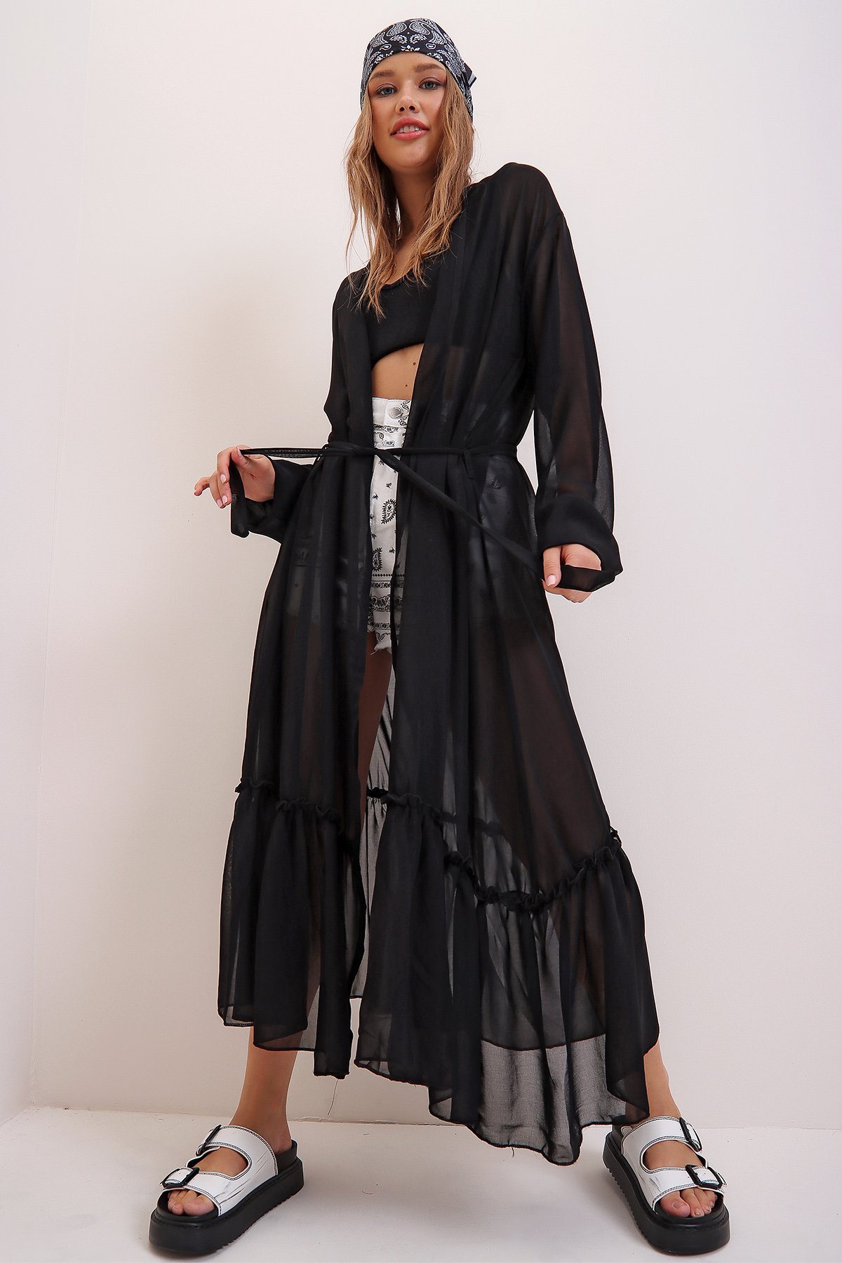 Beli Kuşaklı Şifon Kimono - Siyah