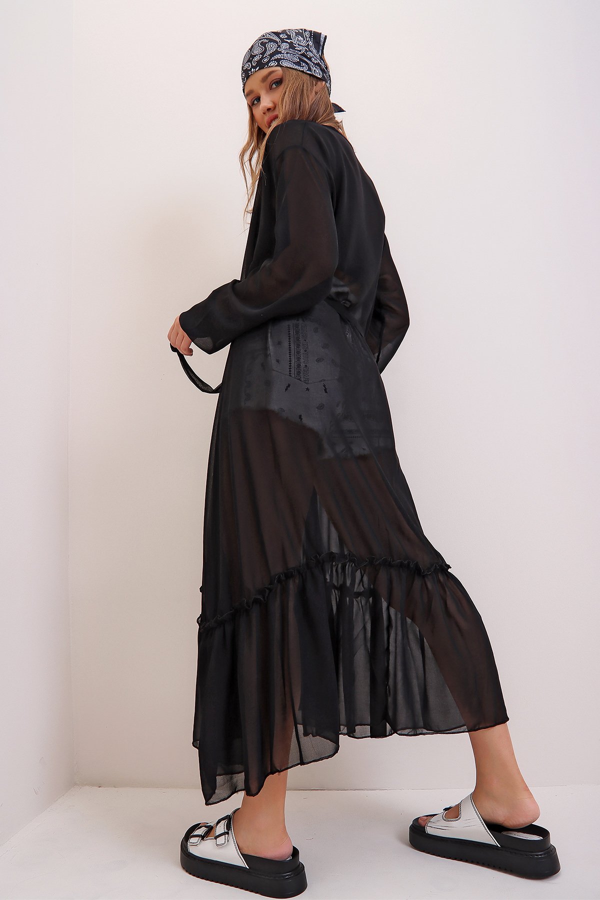 Beli Kuşaklı Şifon Kimono - Siyah