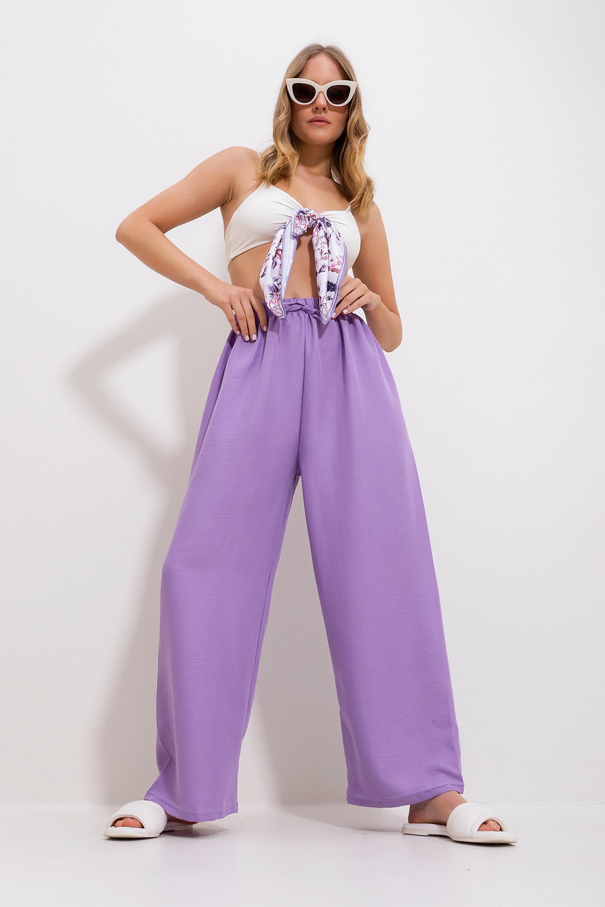 Beli Lastikli Geniş Paça Dökümlü Dokuma Pantolon - Lila