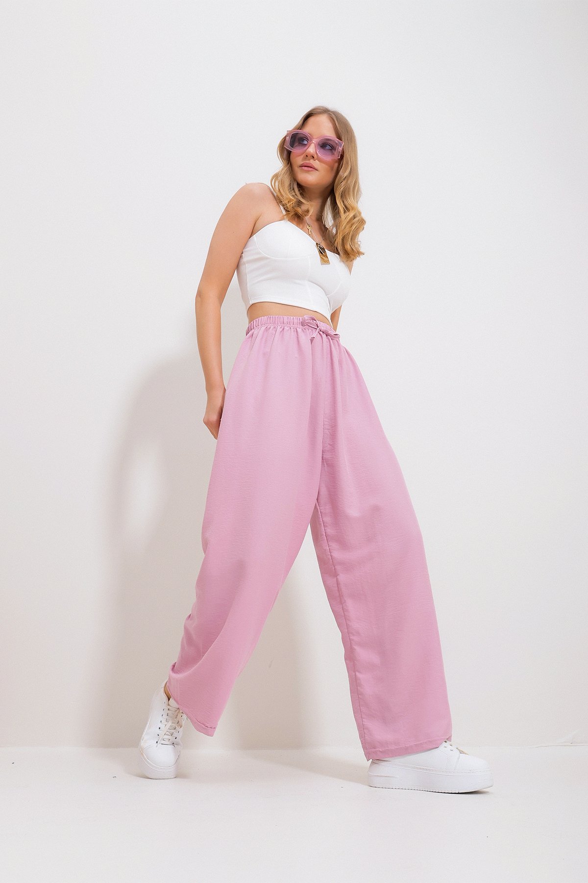 Beli Lastikli Geniş Paça Dökümlü Dokuma Pantolon - Pembe