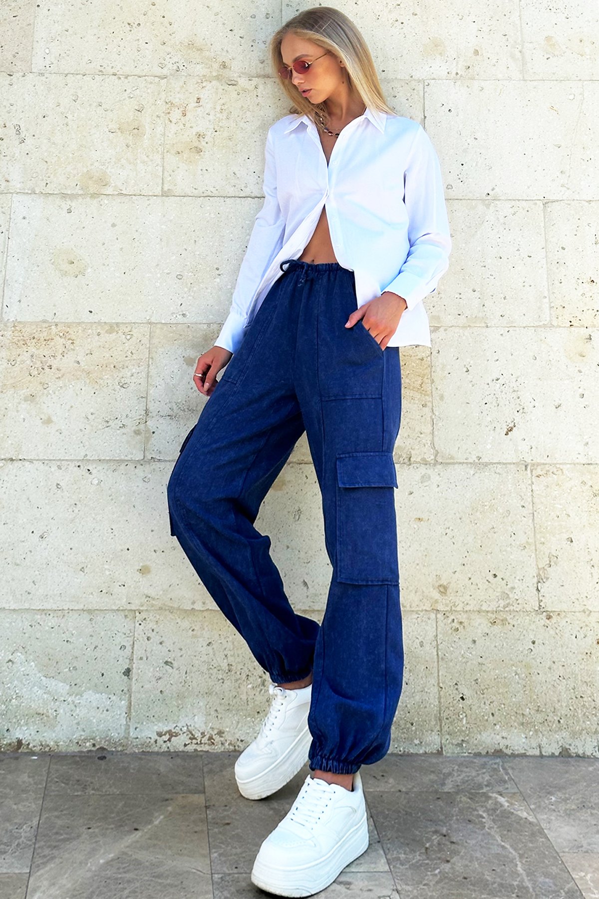 Beli Lastikli Kargo Jogger Pantolon - İndigo
