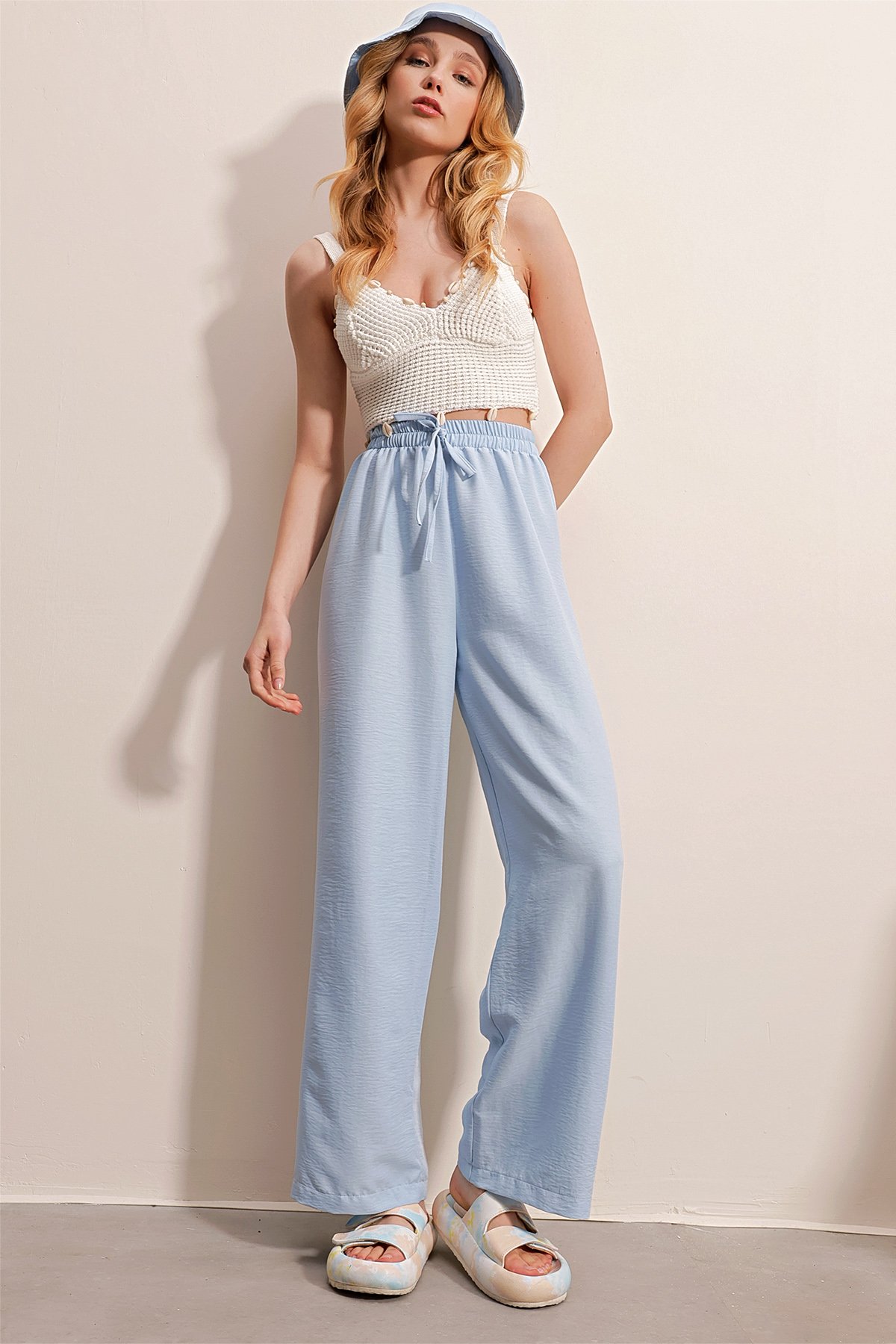Beli Lastikli Rahat Kesim Aerobin Pantolon - Mavi