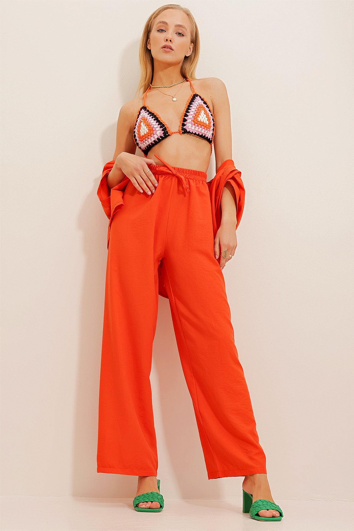 Beli Lastikli Rahat Kesim Aerobin Pantolon - Turuncu